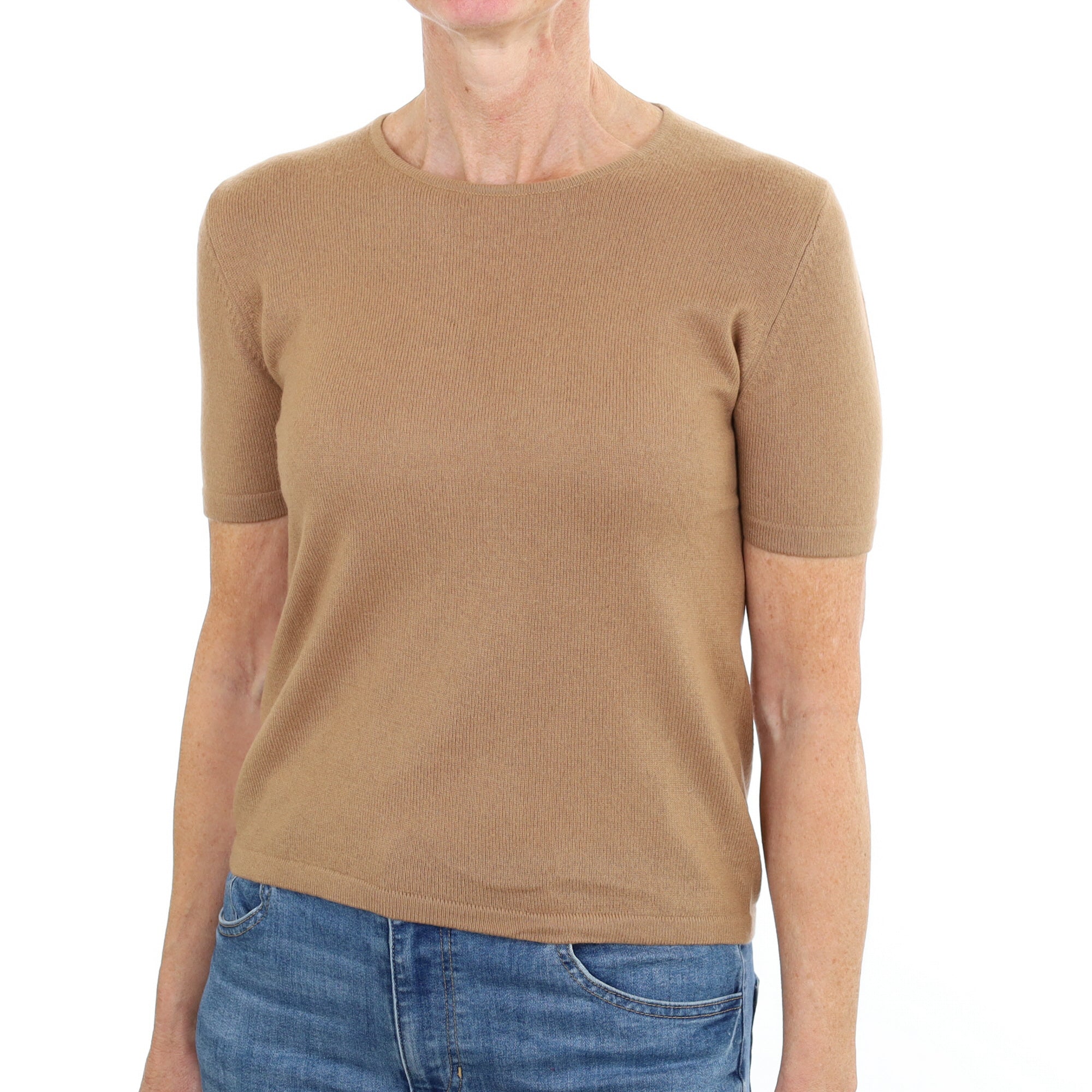 Camel Brown Cashmere Crew Neck Short Sleeved Jumper Small