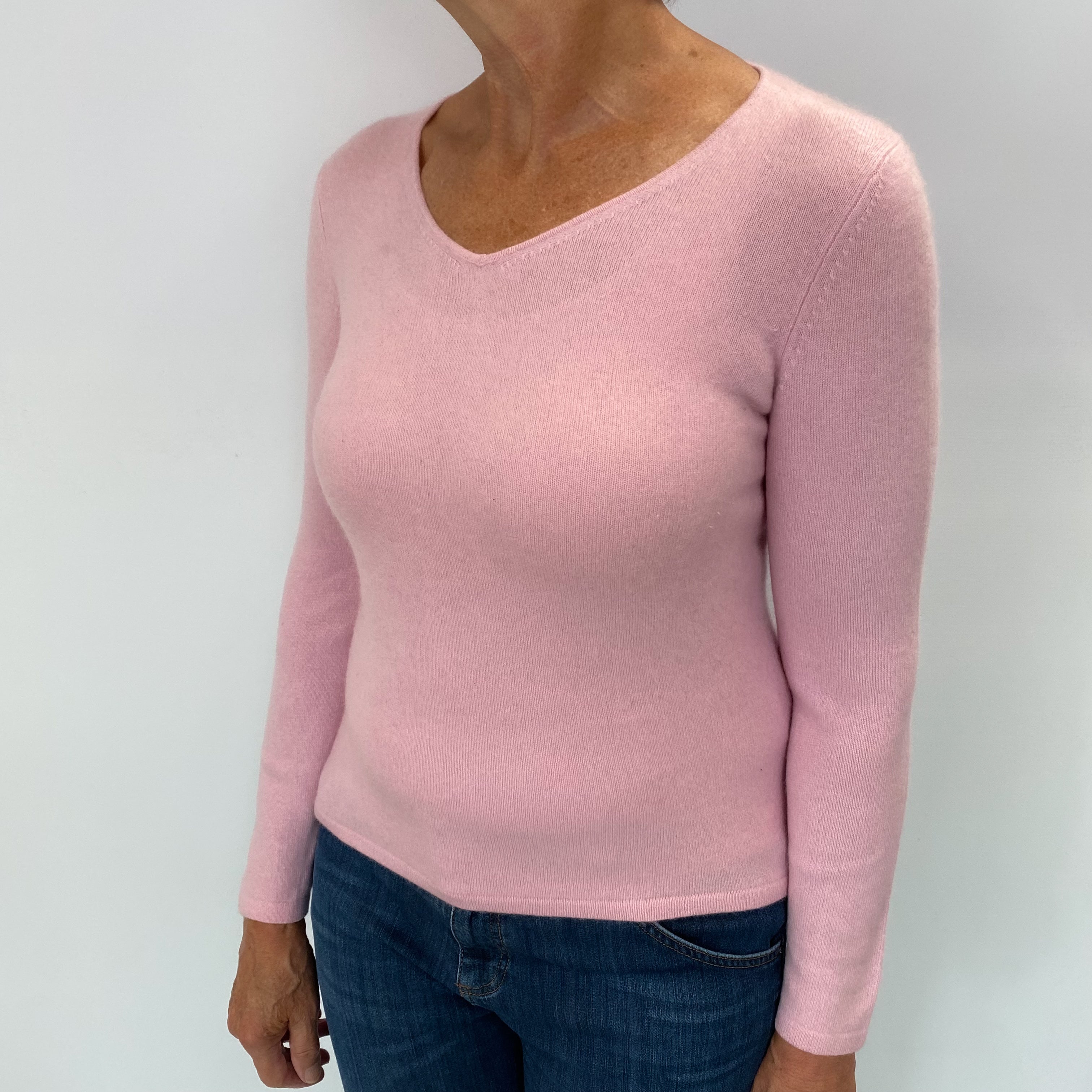 Carnation Pink Cashmere V Neck Jumper Medium
