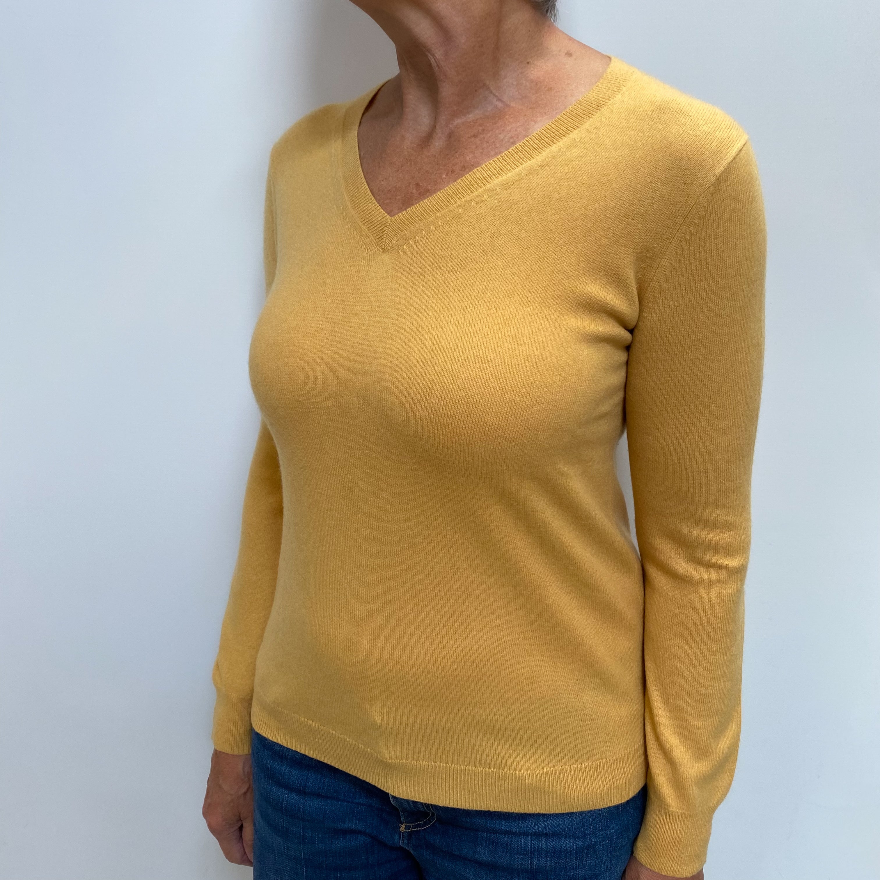 Flaxen Yellow Cashmere V Neck Jumper Medium