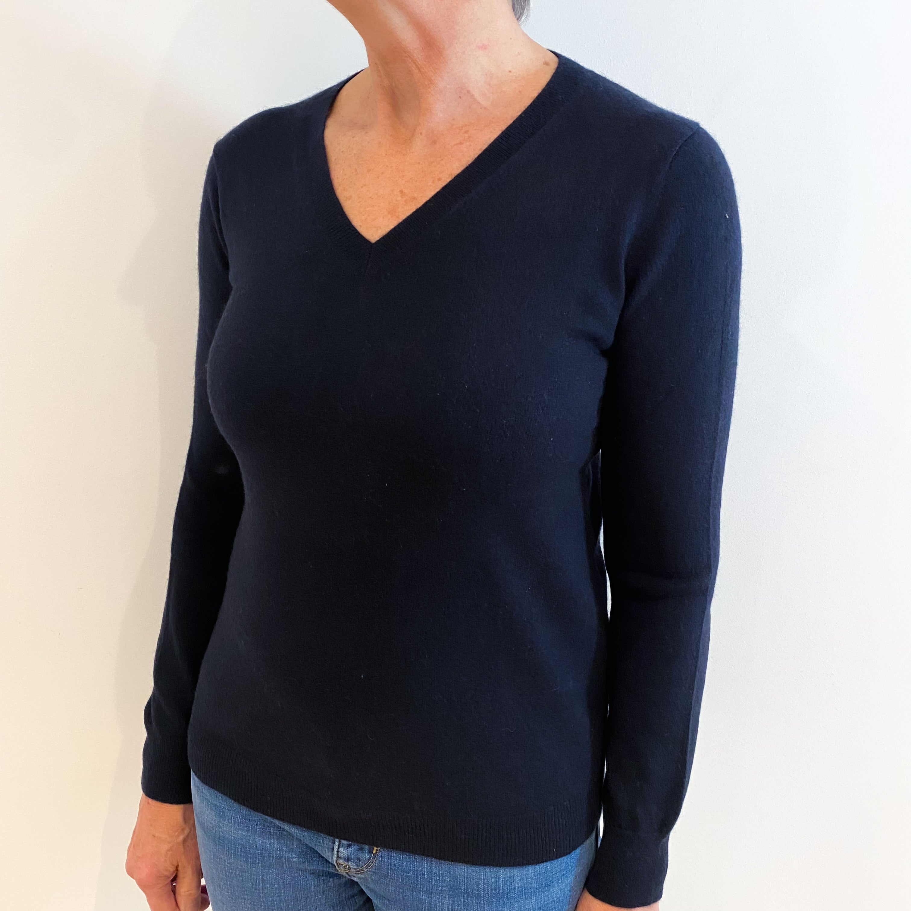 Navy Blue Cashmere V Neck Jumper Medium