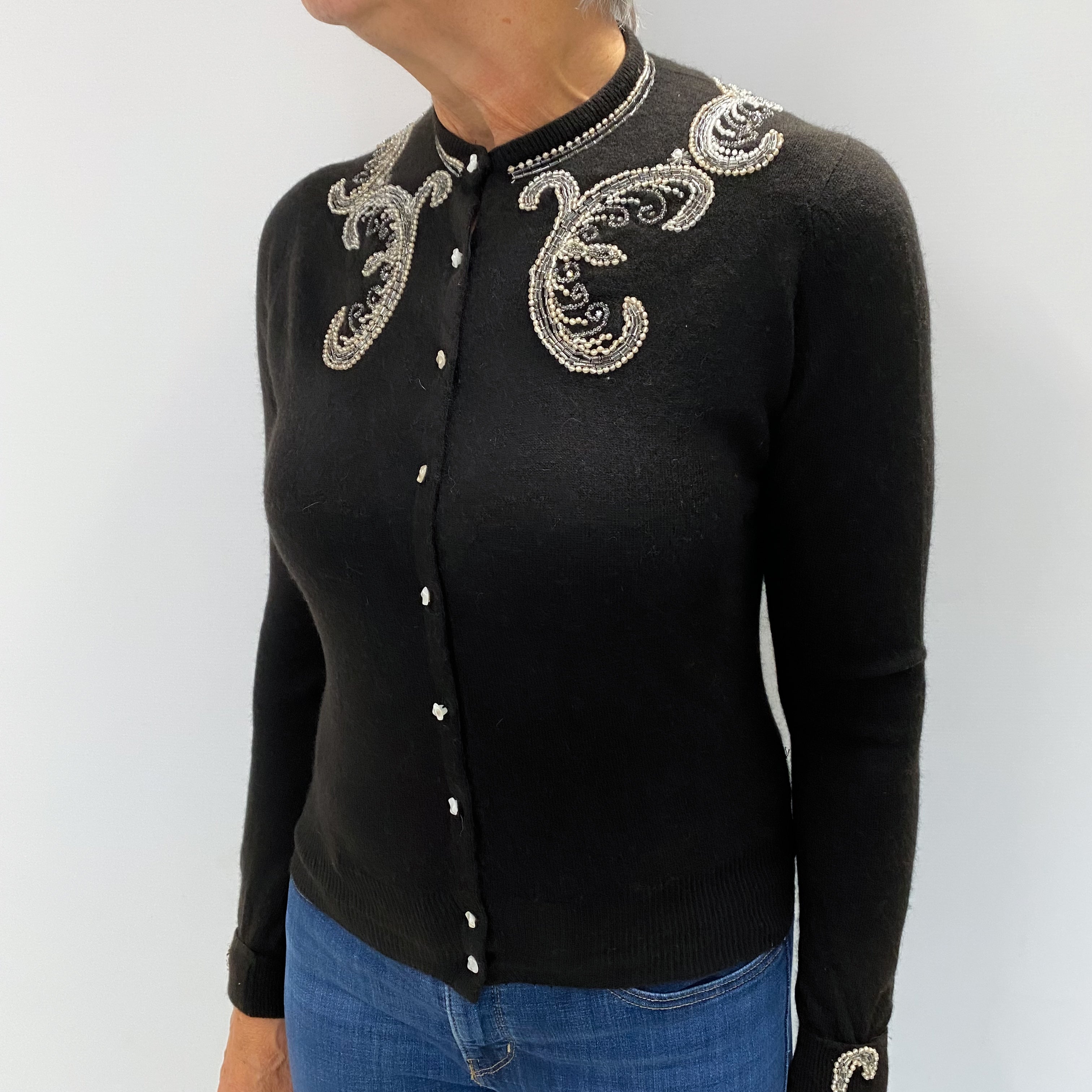 Black Cashmere Crew Neck Cardigan Medium