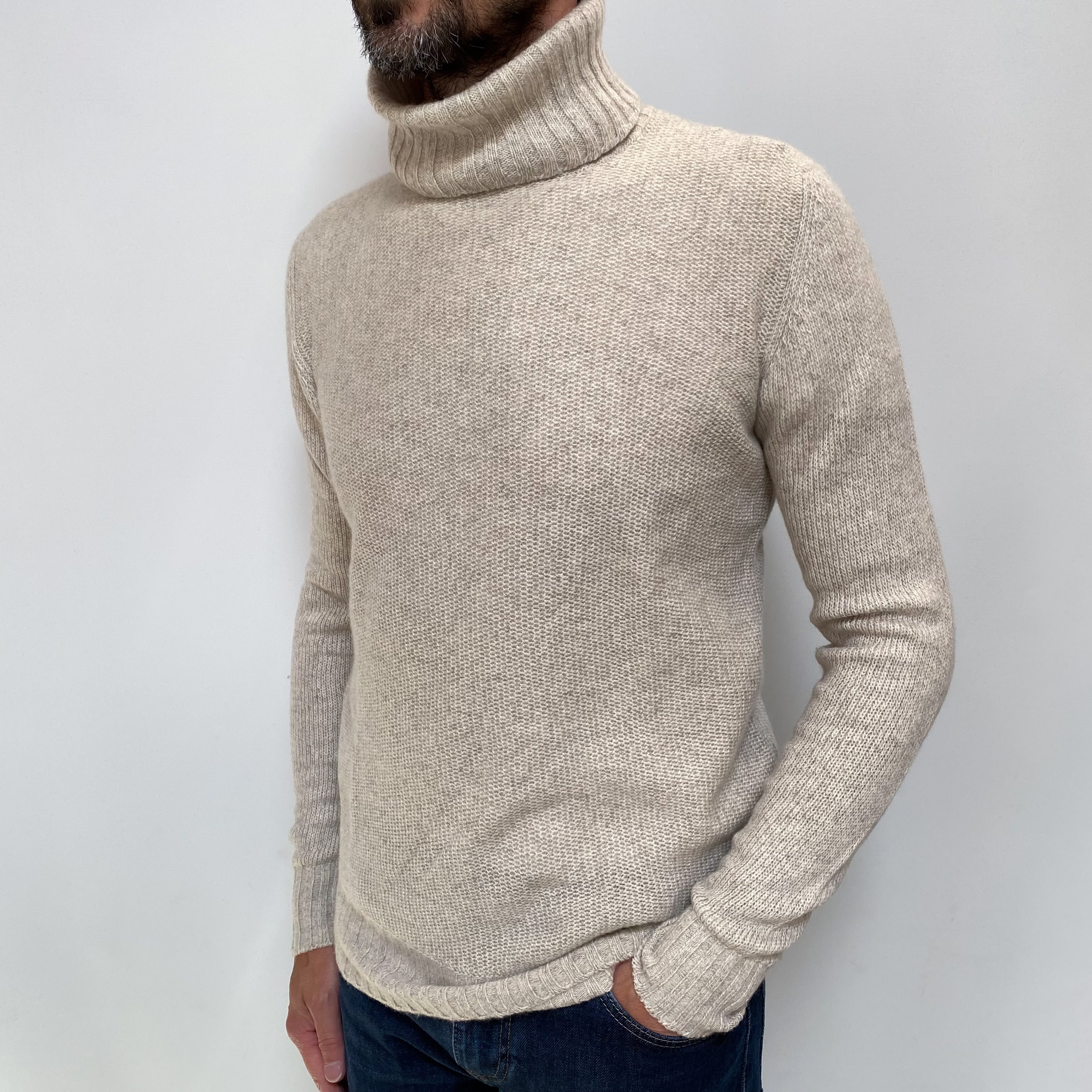 Men's Loro Piana Oatmeal Beige Cashmere Polo Neck Jumper Small