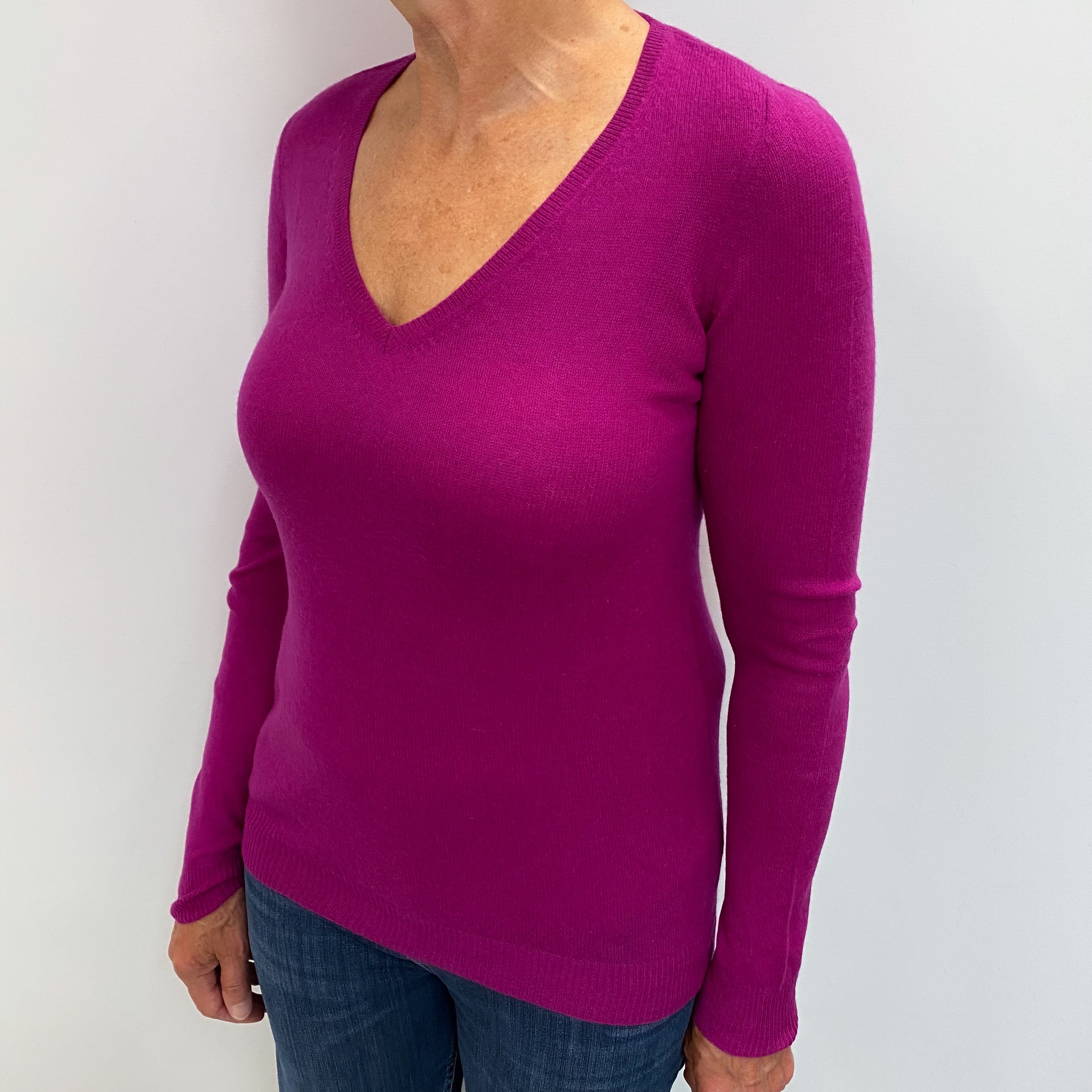 Magenta Purple Cashmere V Neck Jumper Medium