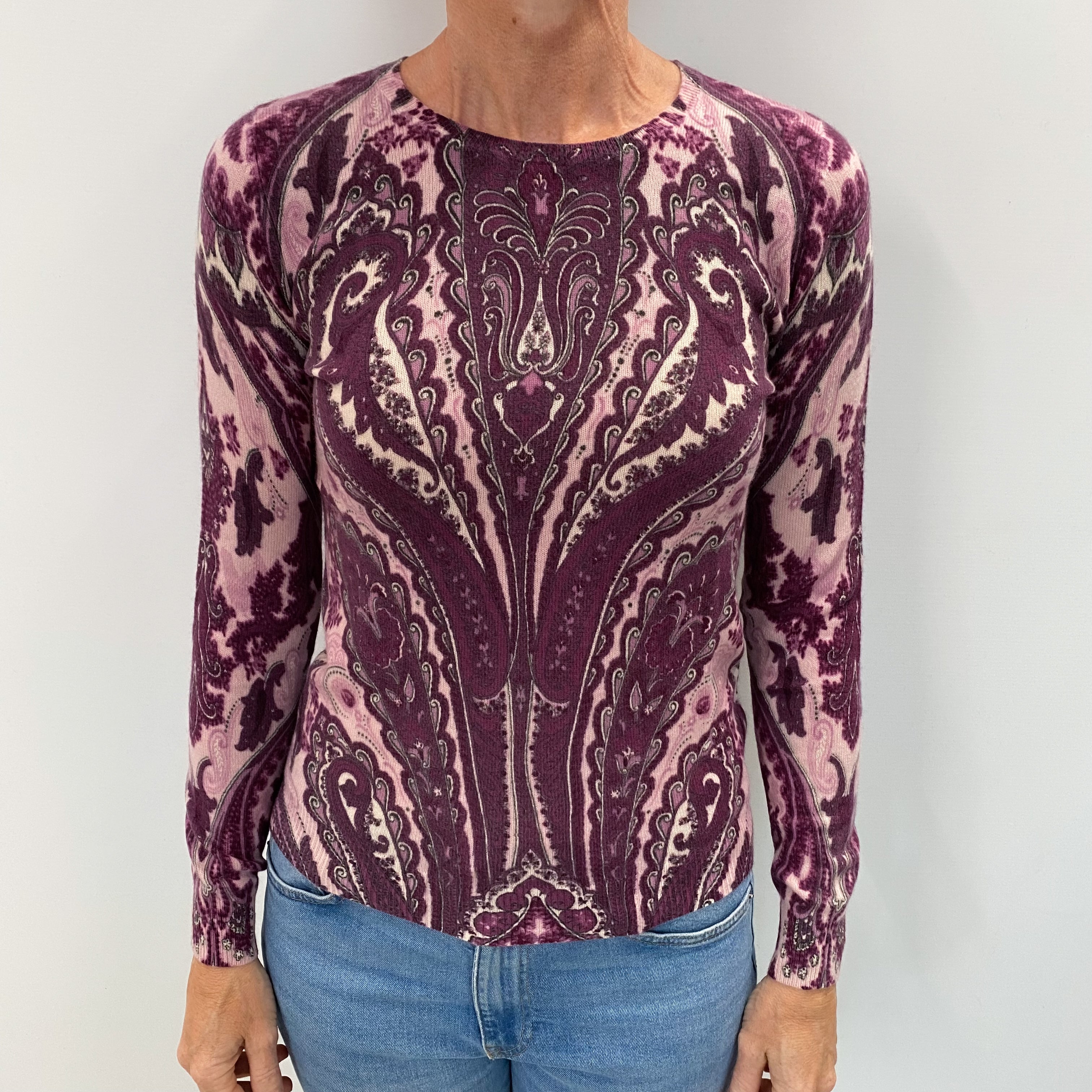 Deep Purple Paisley Cashmere Crew Neck Jumper Small