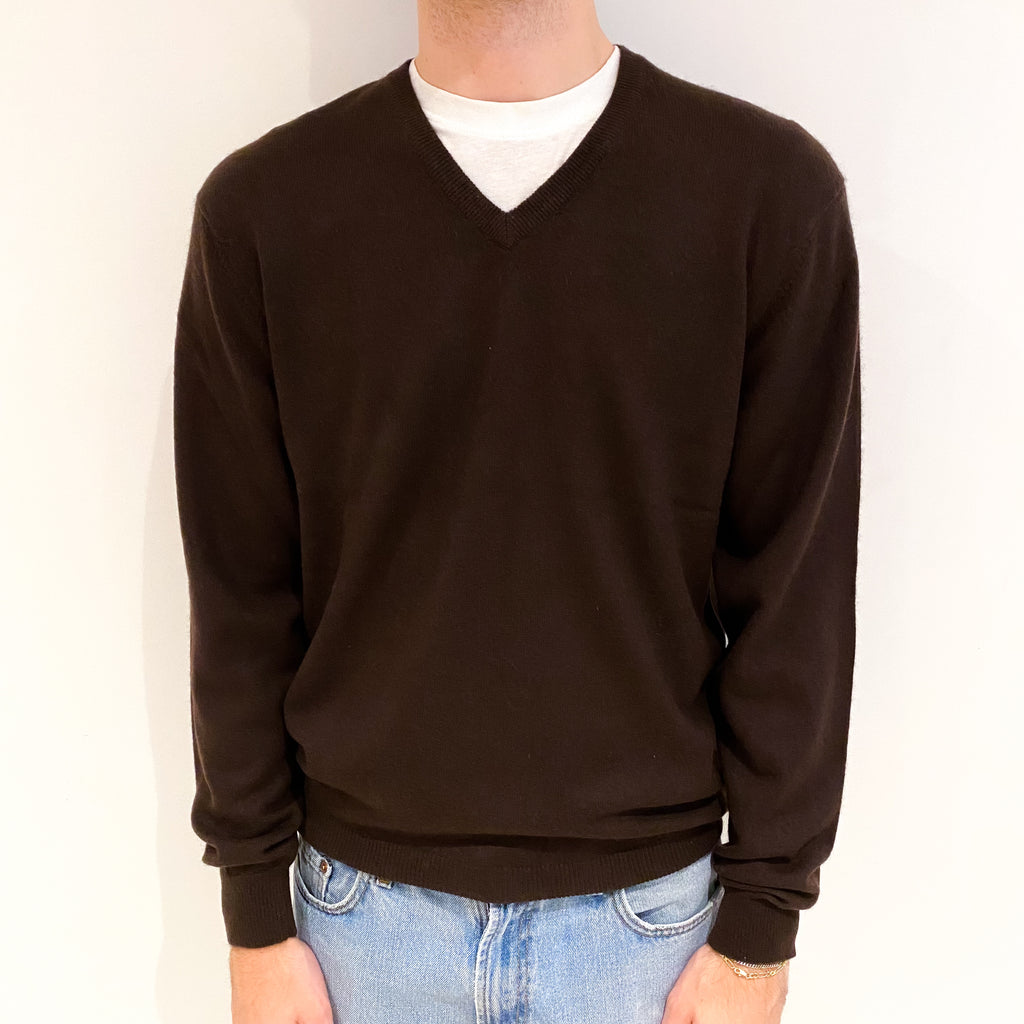 Men's Dark Chocolate Brown Cashmere V Neck Jumper Medium