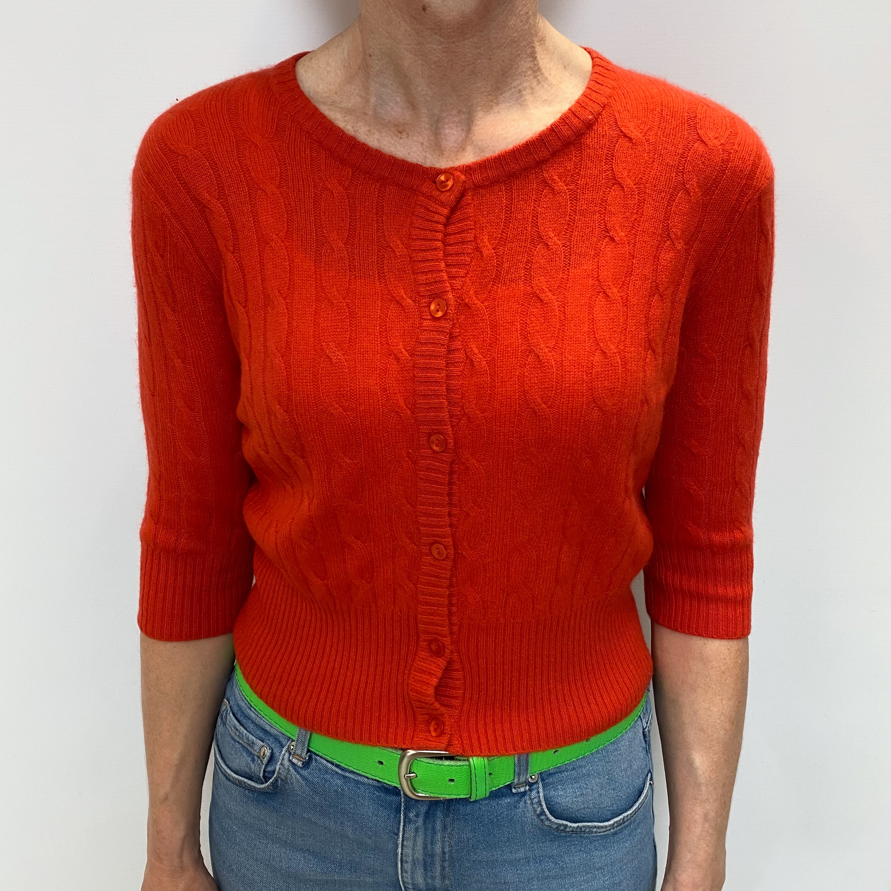 Tangerine Orange Cashmere Crew Neck Cardigan Small