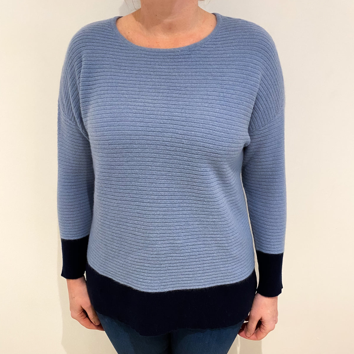 Denim Blue Navy Trim Cashmere Slash Neck Jumper Large
