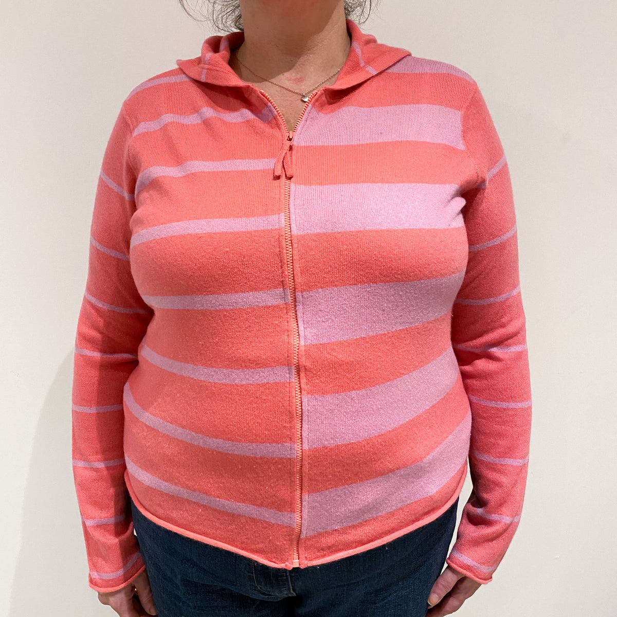 Pink and Mauve Stripe Cashmere Zip Up Hoodie Extra Large
