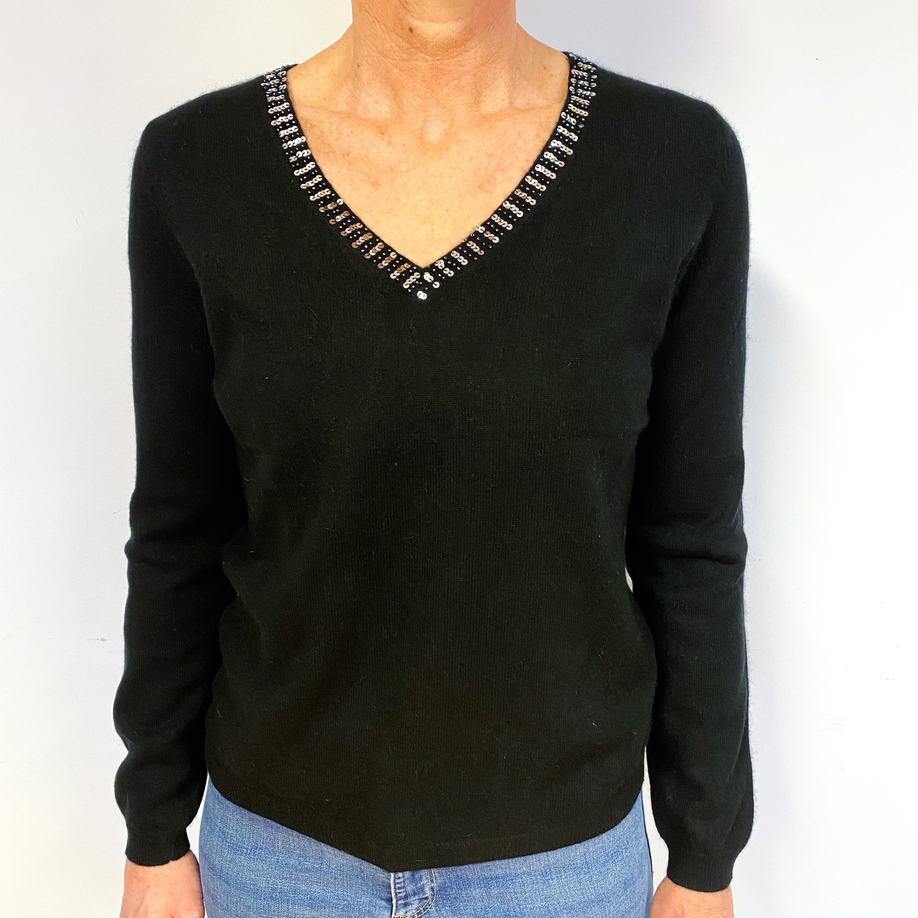 Black Cashmere V-Neck Jumper Medium
