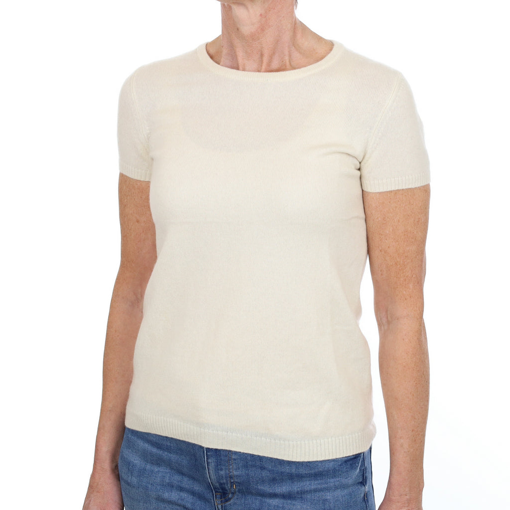 Vanilla Cream Cashmere Crew Neck Short Sleeved Jumper Small