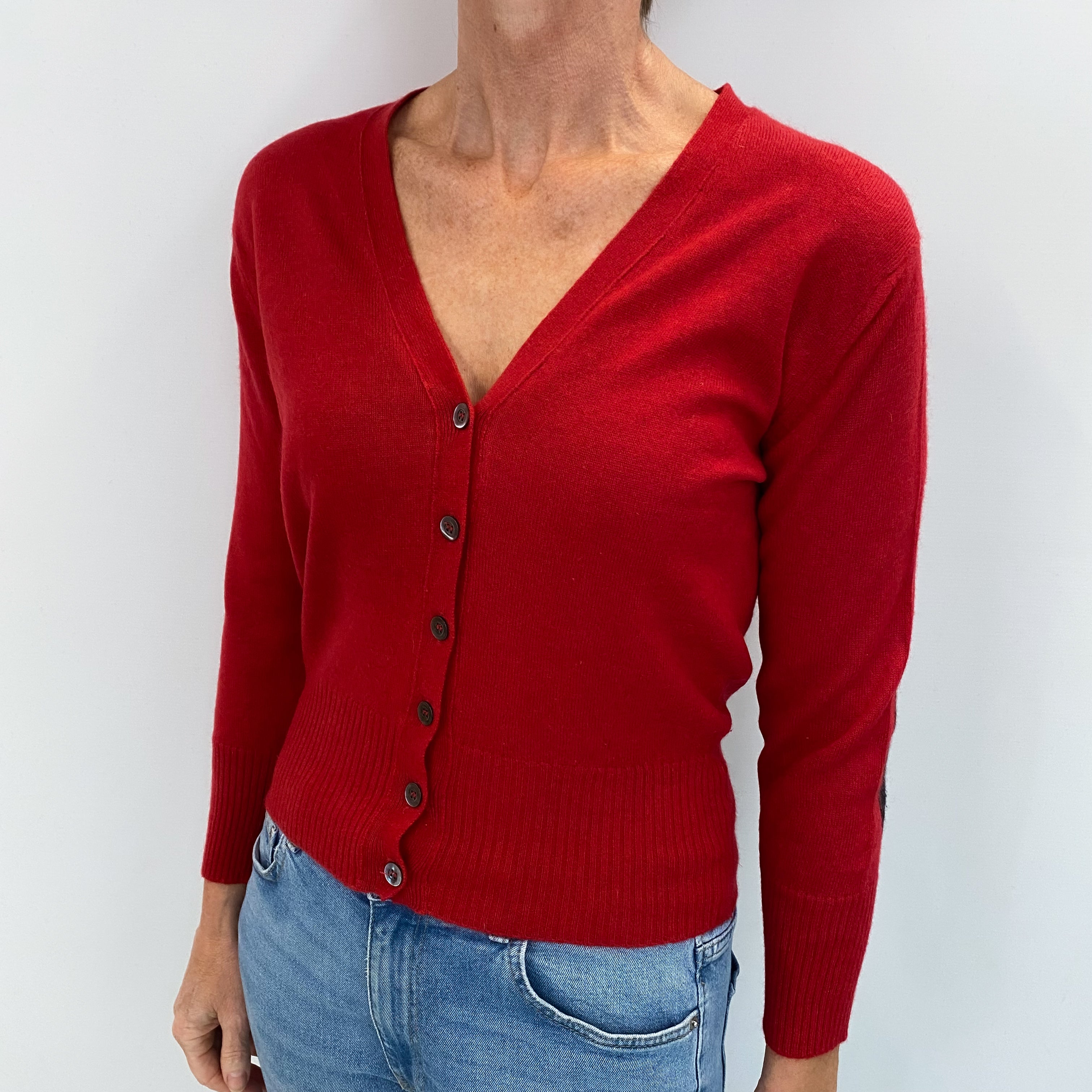 Brora Red Cashmere V Neck Cardigan with Elbow Patches Small