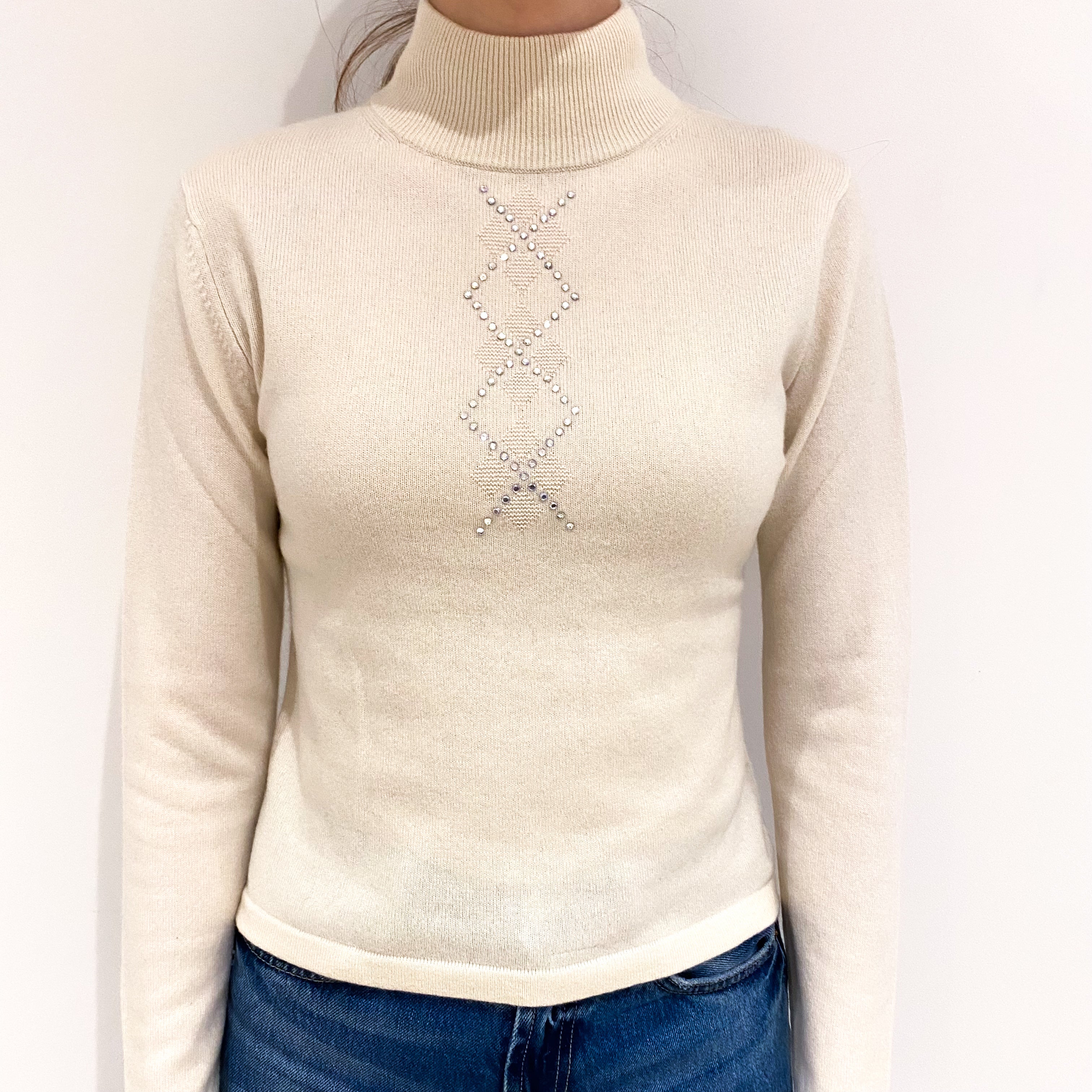 Cream Diamond Patterned Cashmere Turtle Neck Jumper Extra Small
