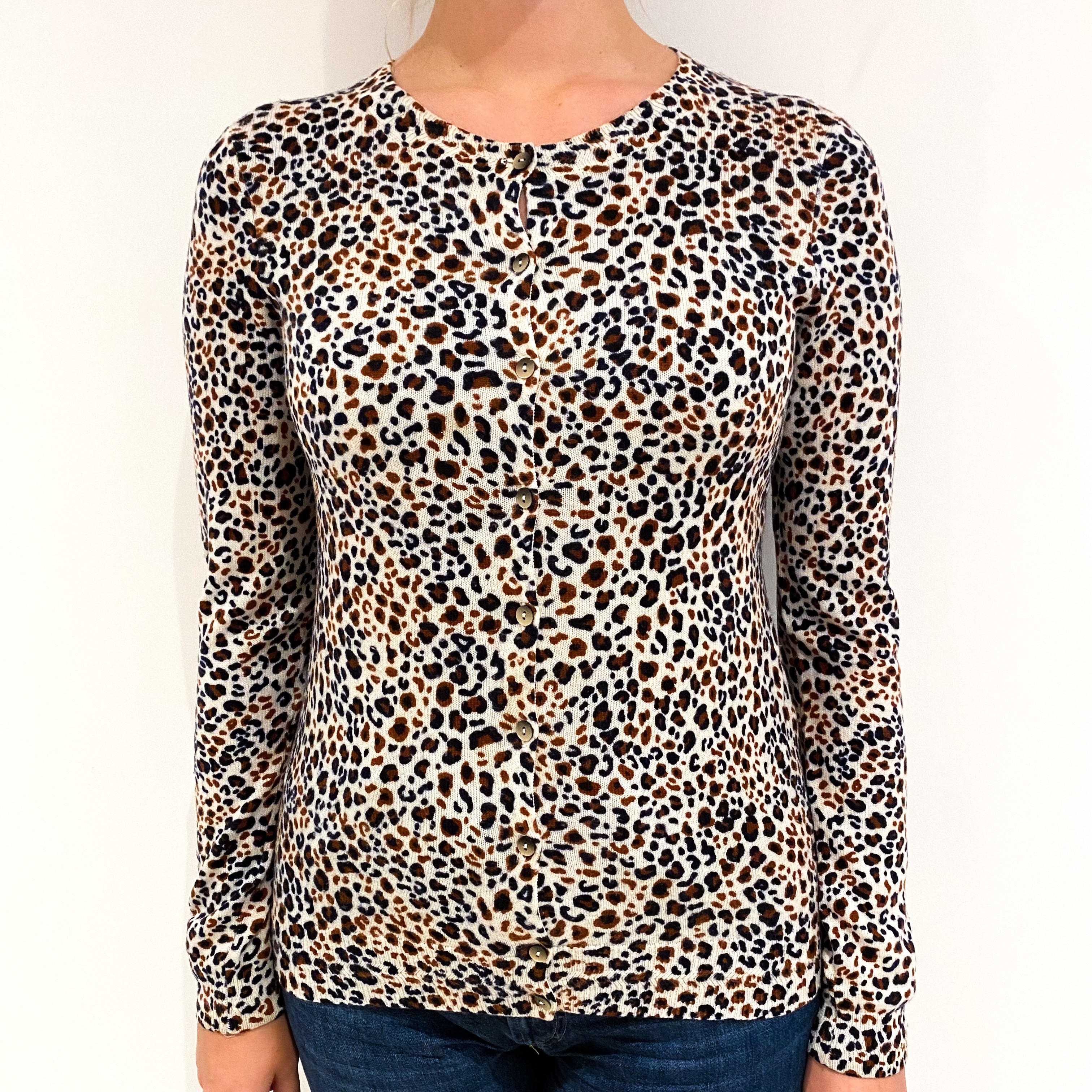 Navy and Rust Animal Print Cashmere Crew Neck Cardigan Small