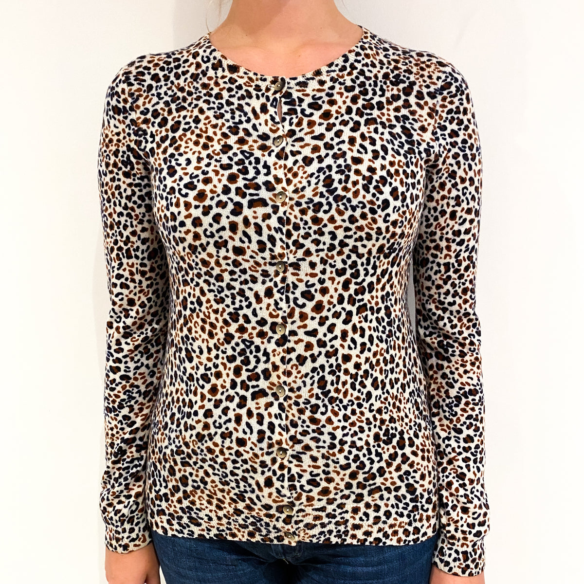 Navy and Rust Animal Print Cashmere Crew Neck Cardigan Small