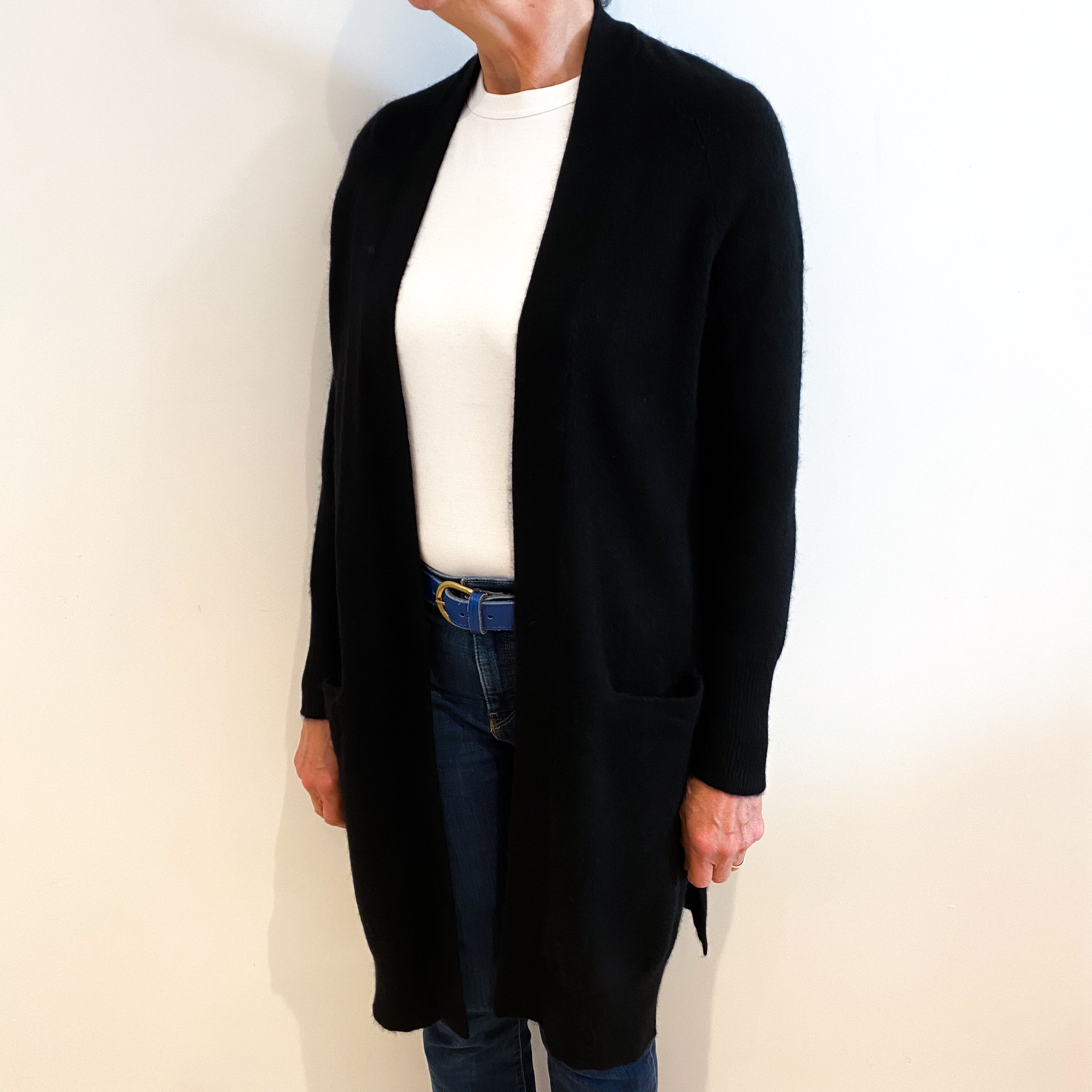 Black Cashmere Edge To Edge Longline Cardigan Medium