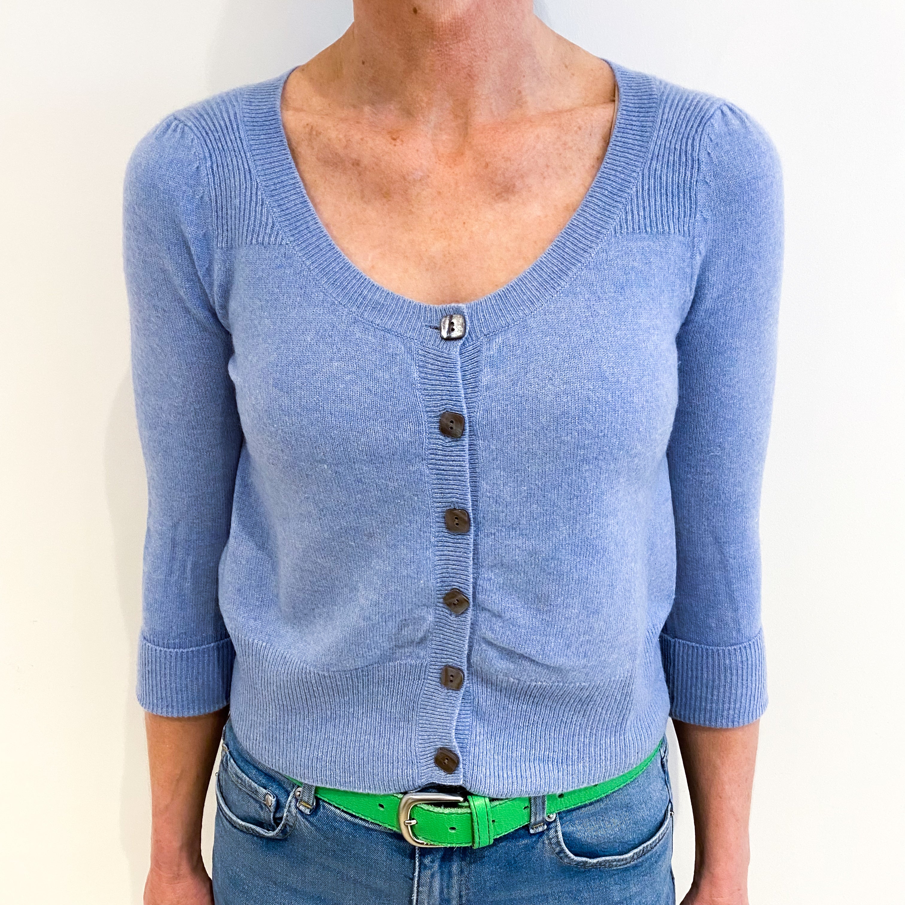 Sky Blue Cashmere Scoop Neck 3/4 Sleeved Cardigan Small