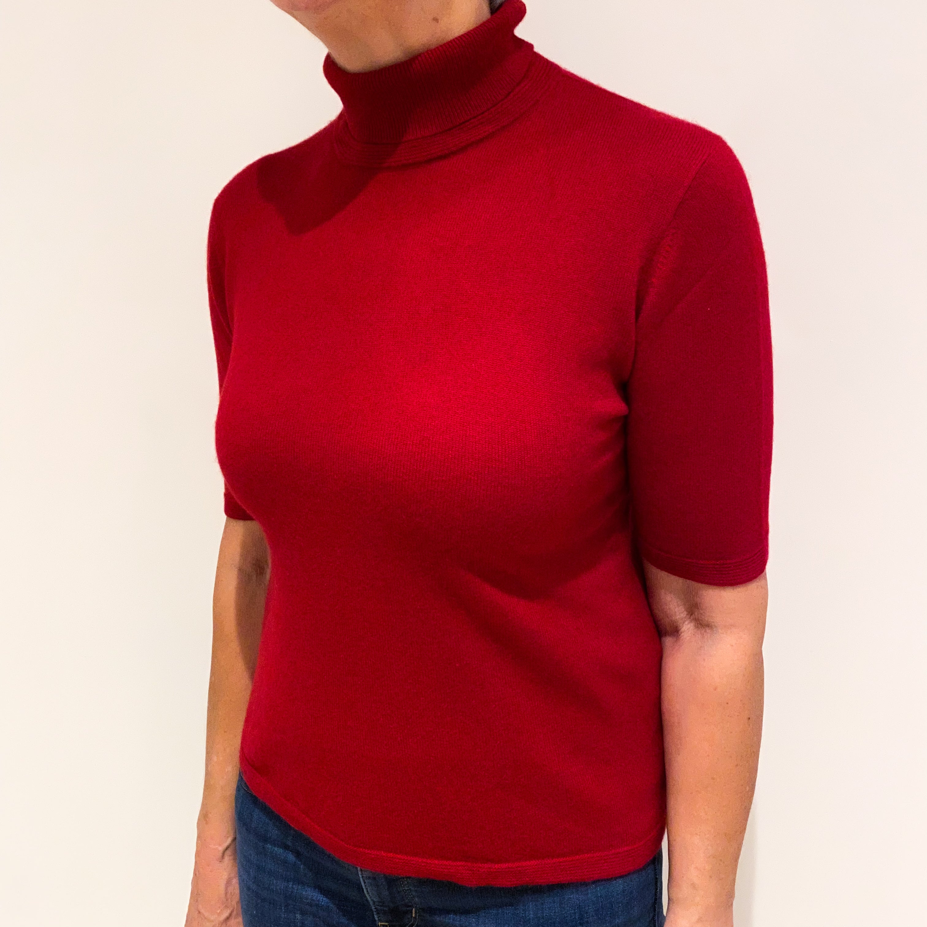 Crimson Red Cashmere Short Sleeved Polo Neck Jumper Medium