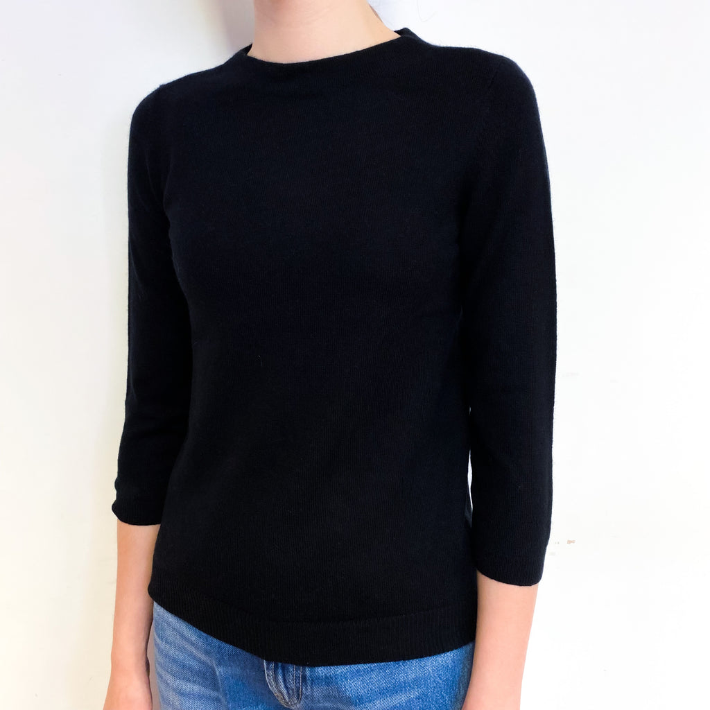 Black 3/4 Sleeve Cashmere Crew Neck Jumper Extra Small