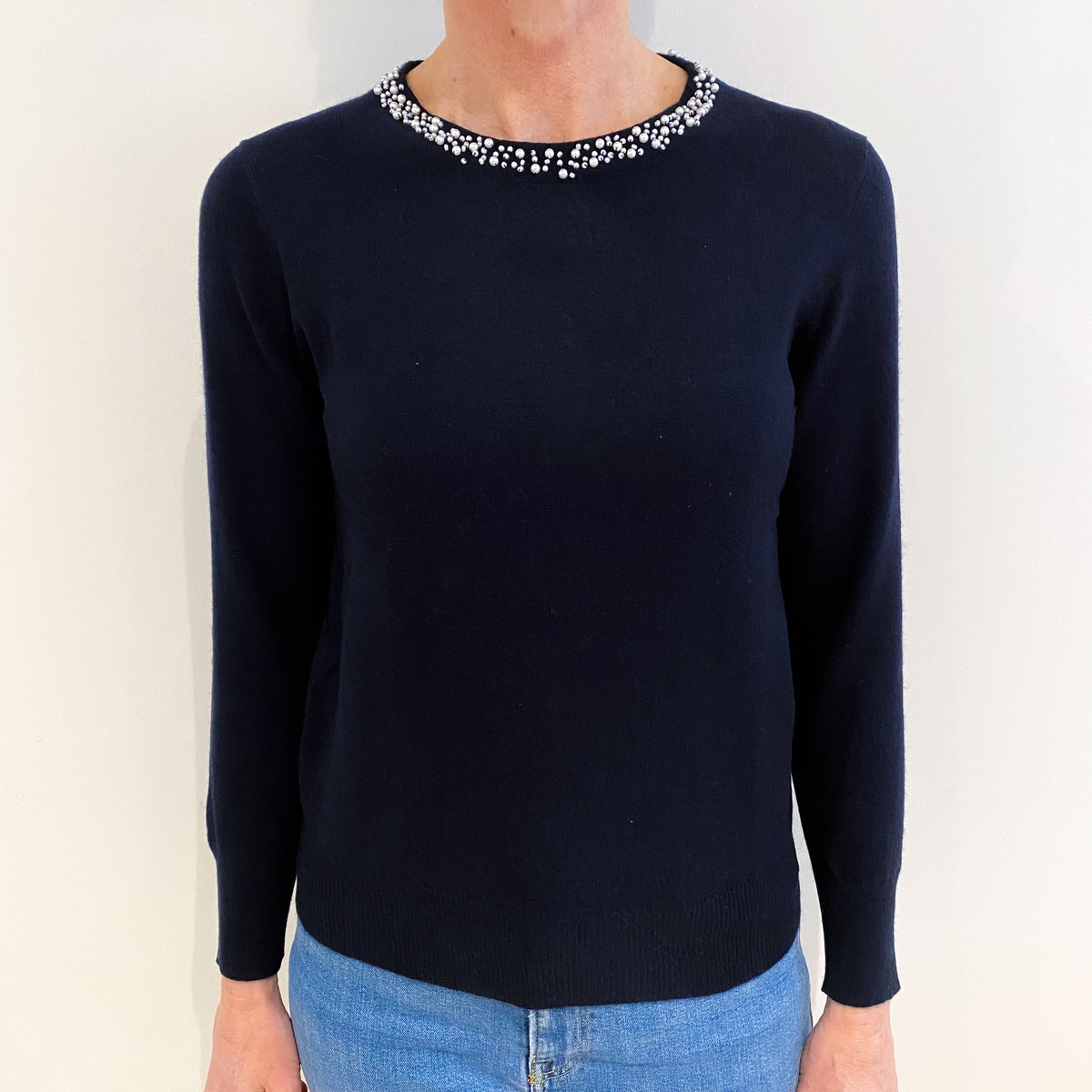 Navy Pearl Embellished Cashmere Crew Neck Jumper Small