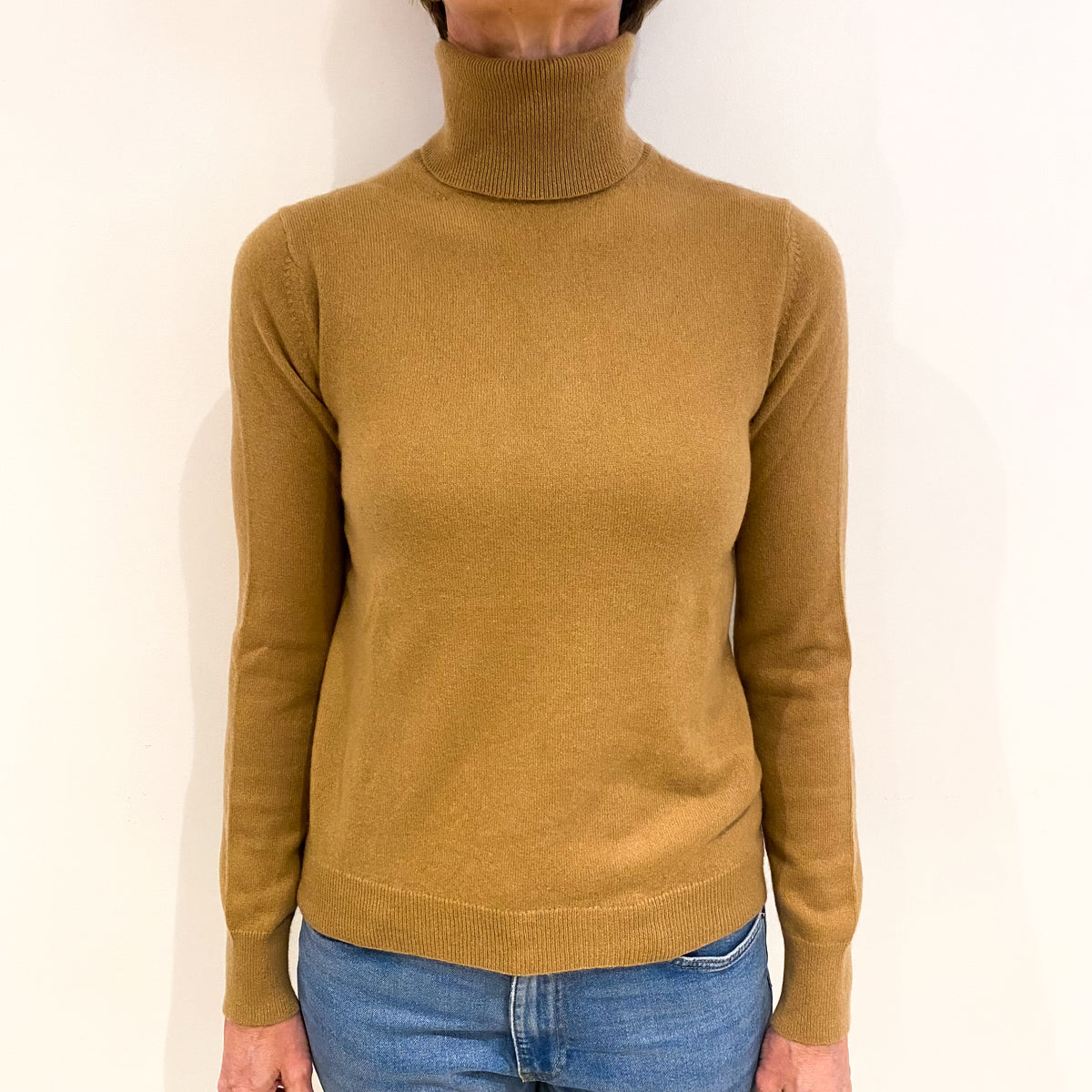 Camel Brown Cashmere Polo Neck Jumper Small