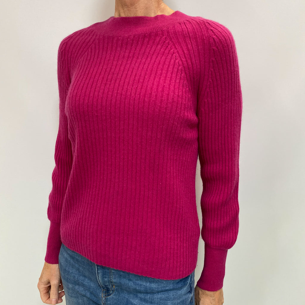 Fuchsia Pink Cashmere Turtle Neck Ribbed Knit Jumper Small