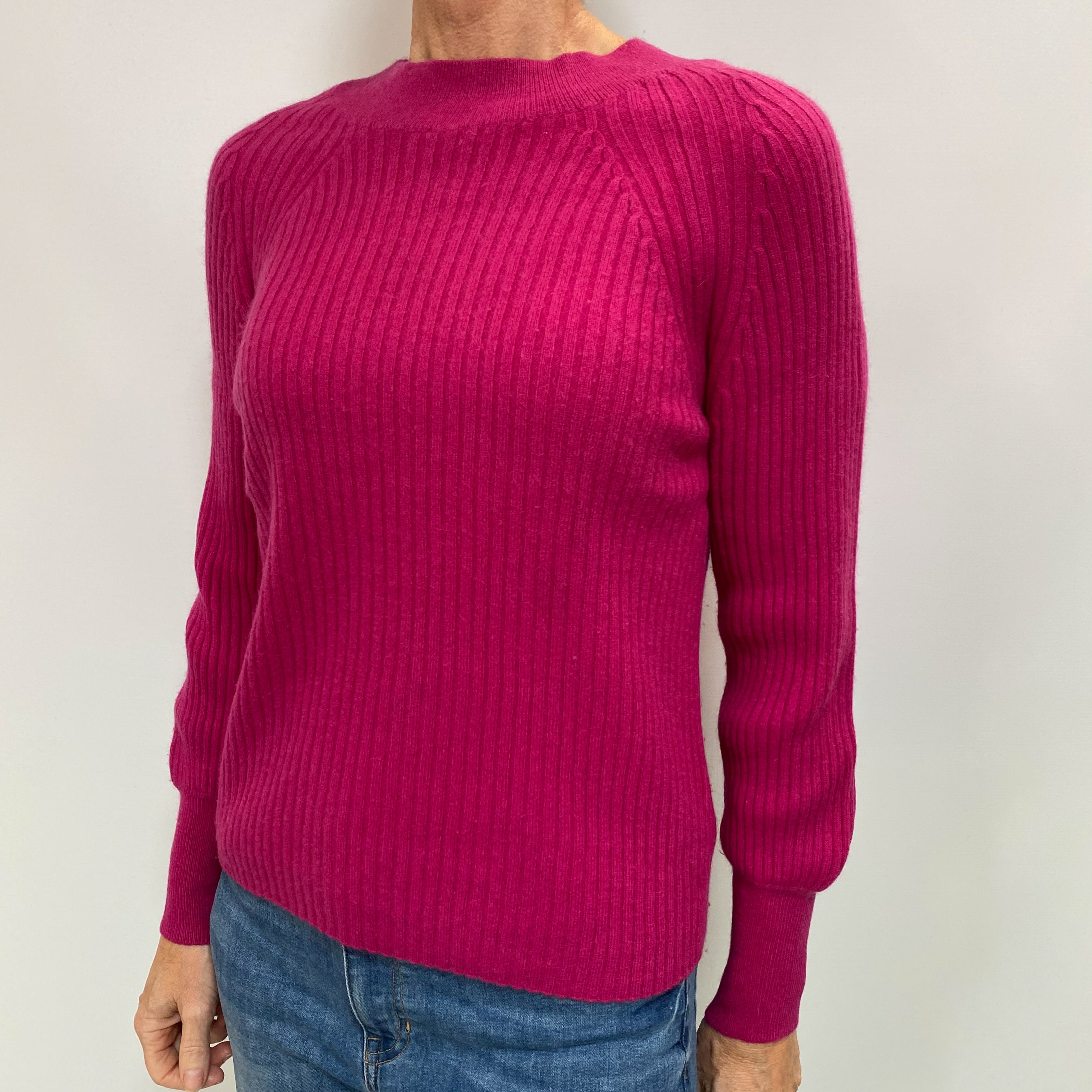 Fuchsia Pink Cashmere Turtle Neck Ribbed Knit Jumper Small