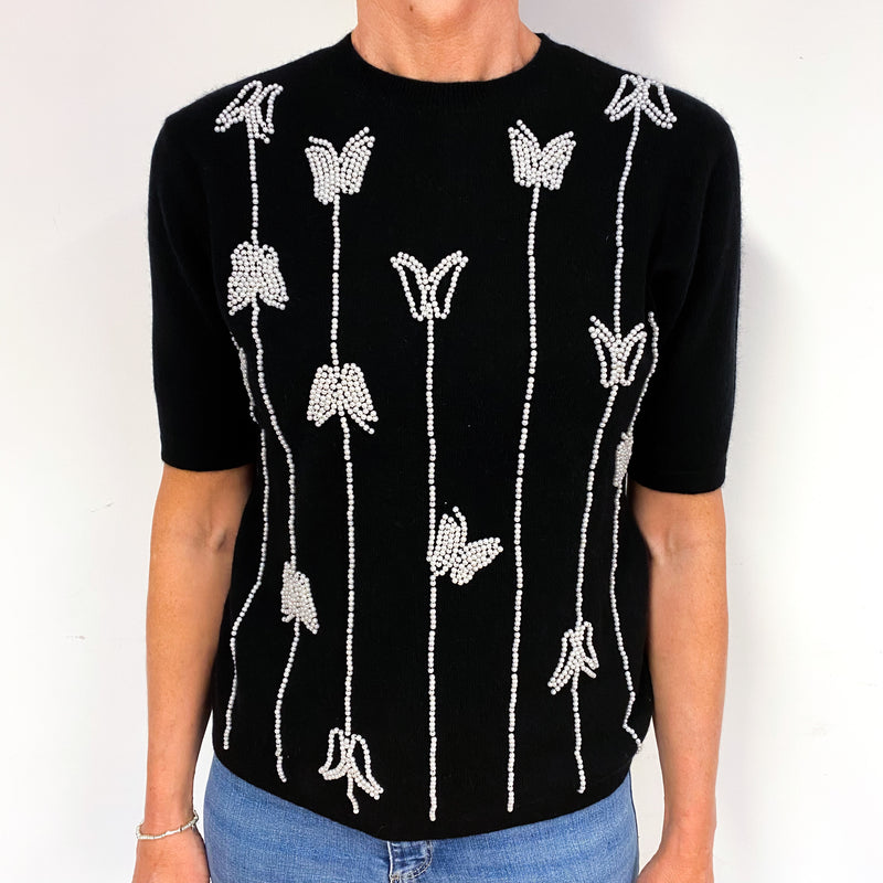 Black Butterfly Embellished Cashmere Short Sleeve Jumper Medium