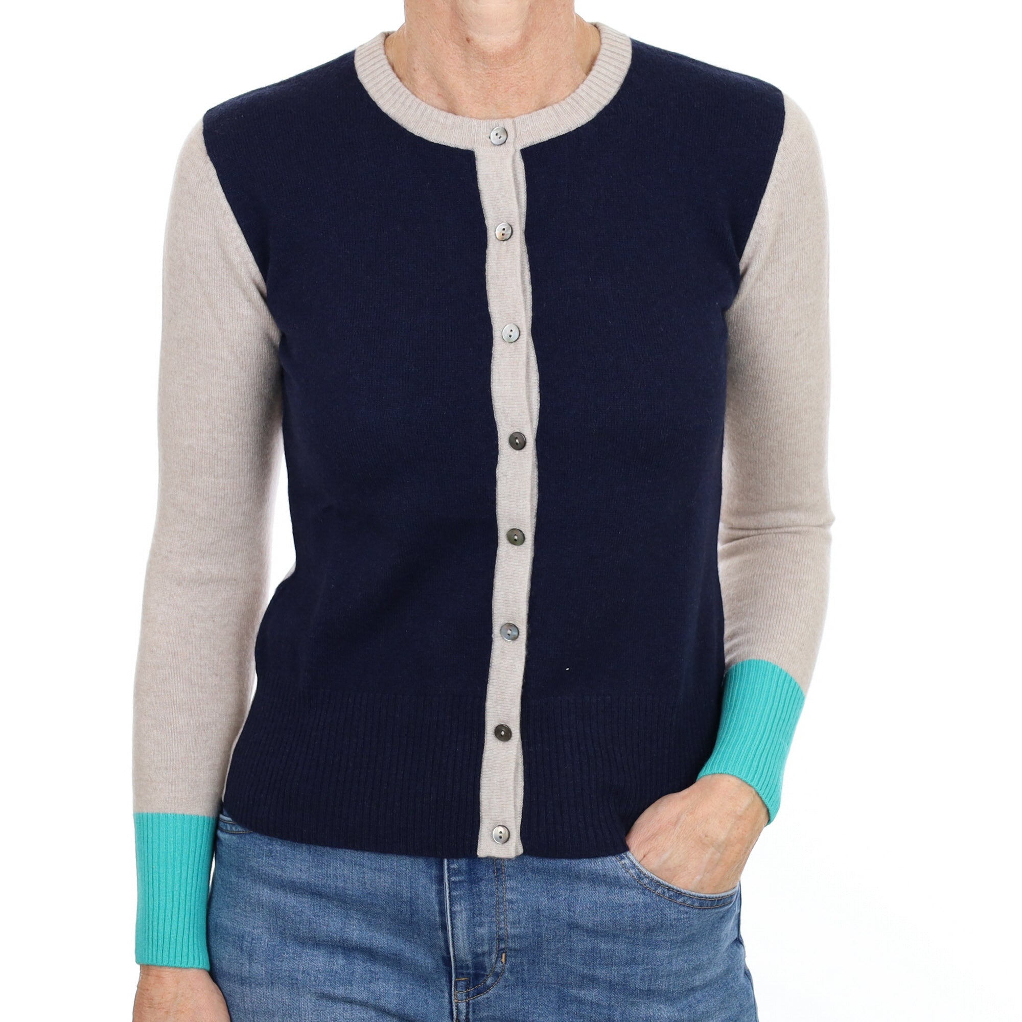 New Navy Colour Block Cashmere Crew Neck Cardigan Small