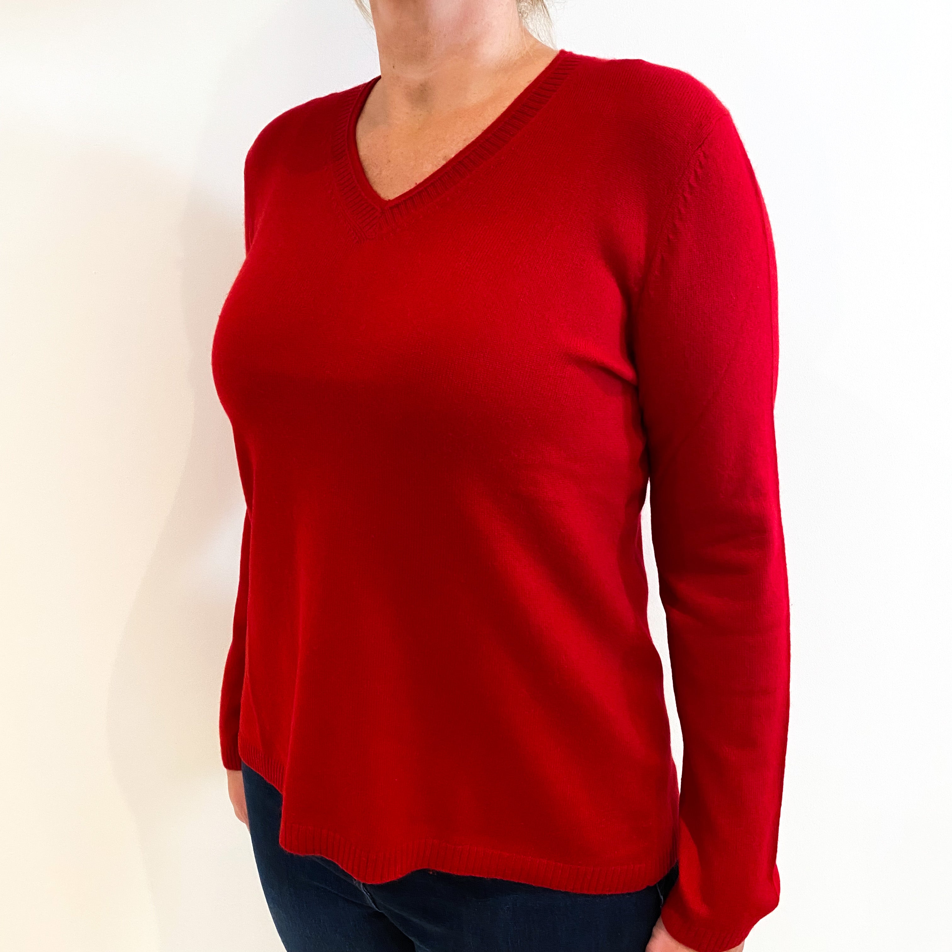 Post Box Red Cashmere V-Neck Jumper Large