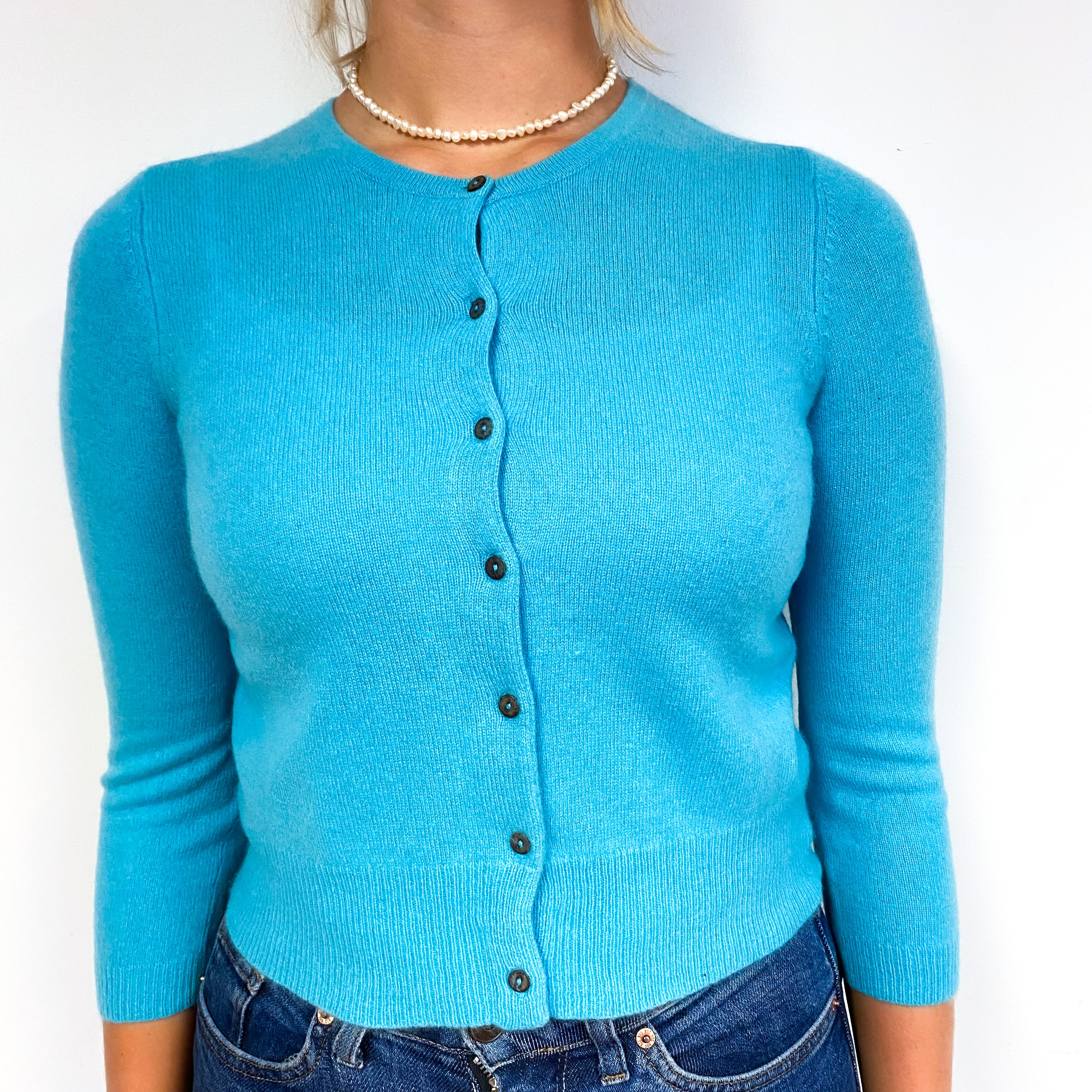 Turquoise Green Cropped Cashmere Crew Neck Cardigan Small