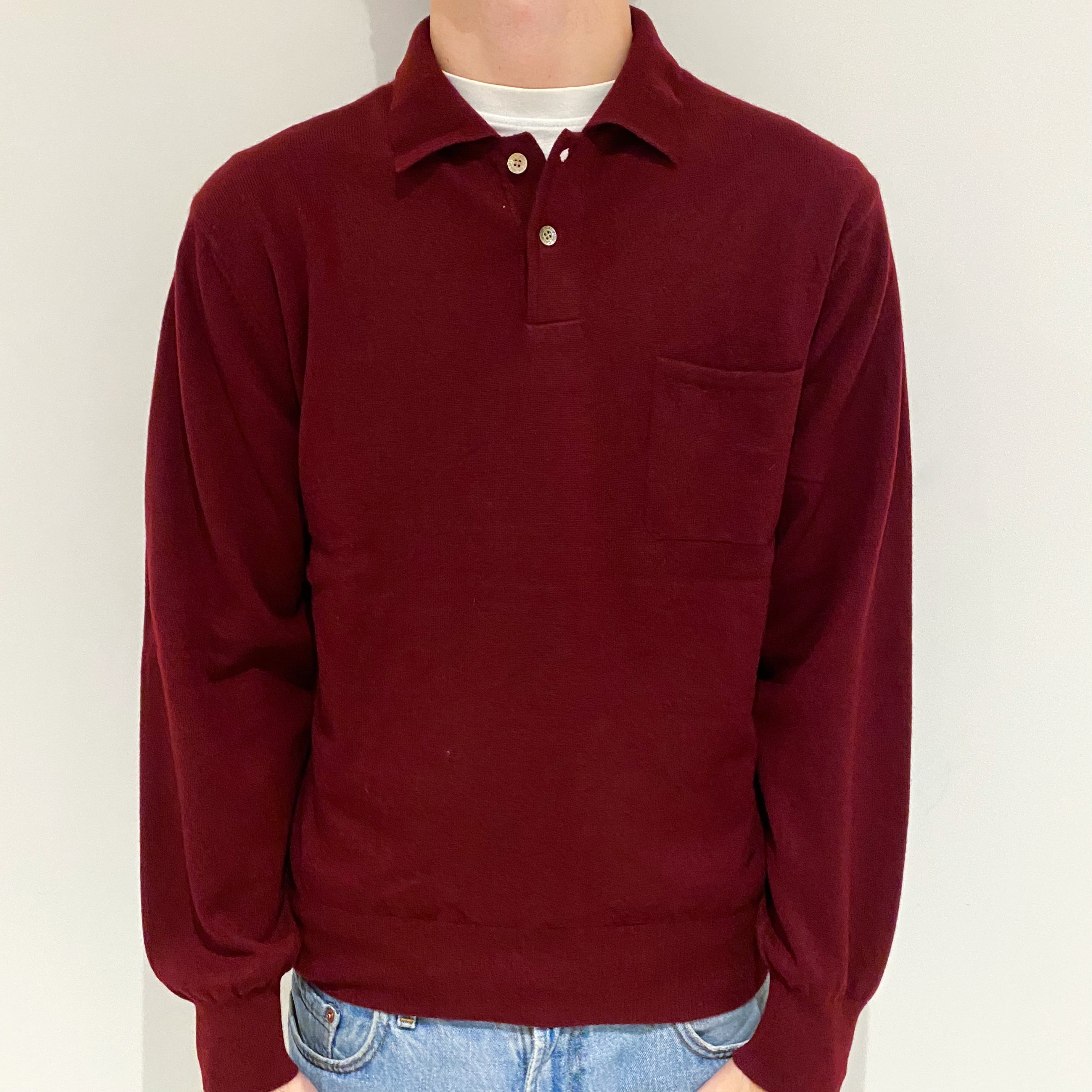 Men's Wine Red Cashmere Collared 1/4 Button Jumper Large