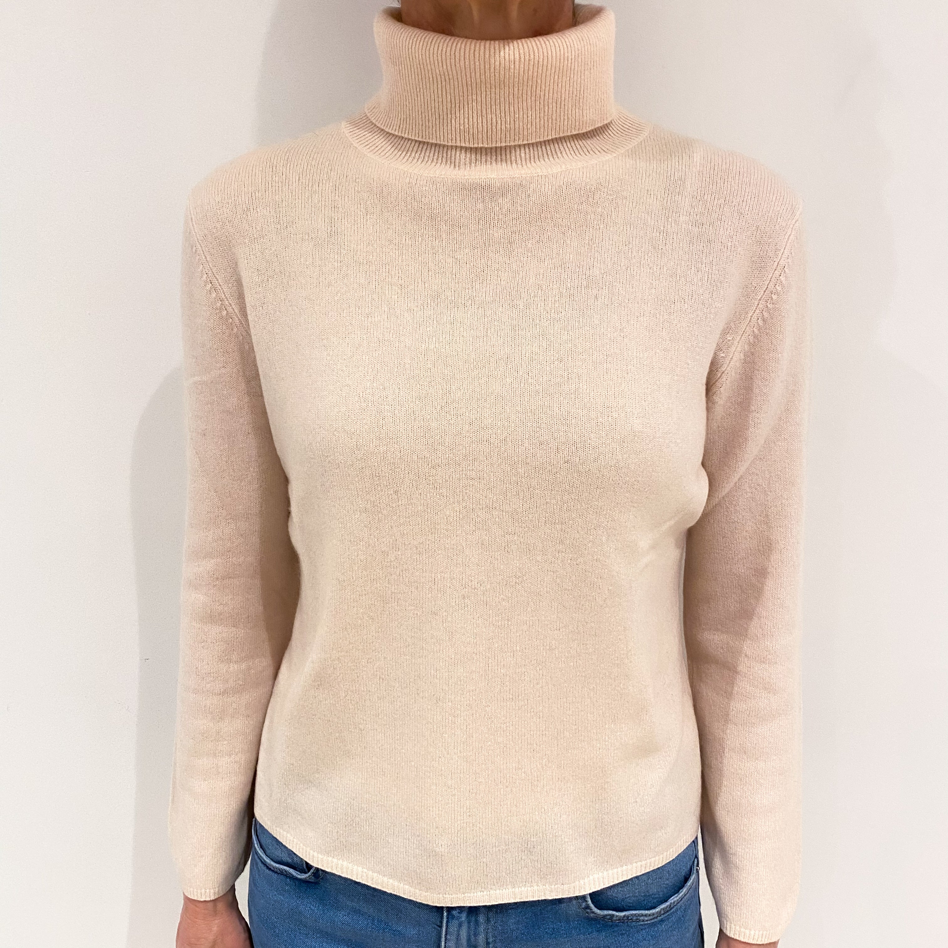Pale Shell Pink Cashmere Polo Neck Jumper Small