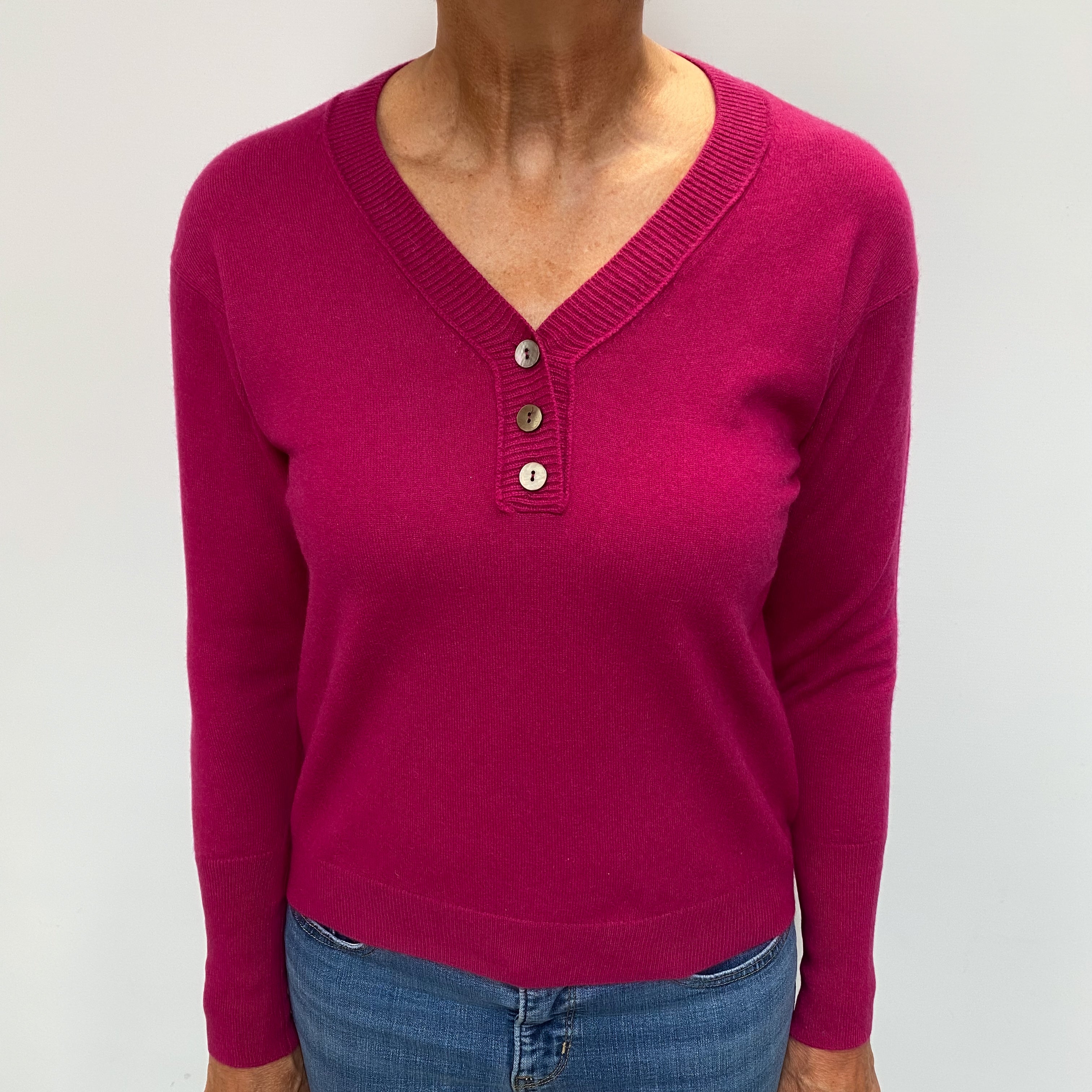 Magenta Pink Cashmere 3/4 Button V Neck Jumper Medium