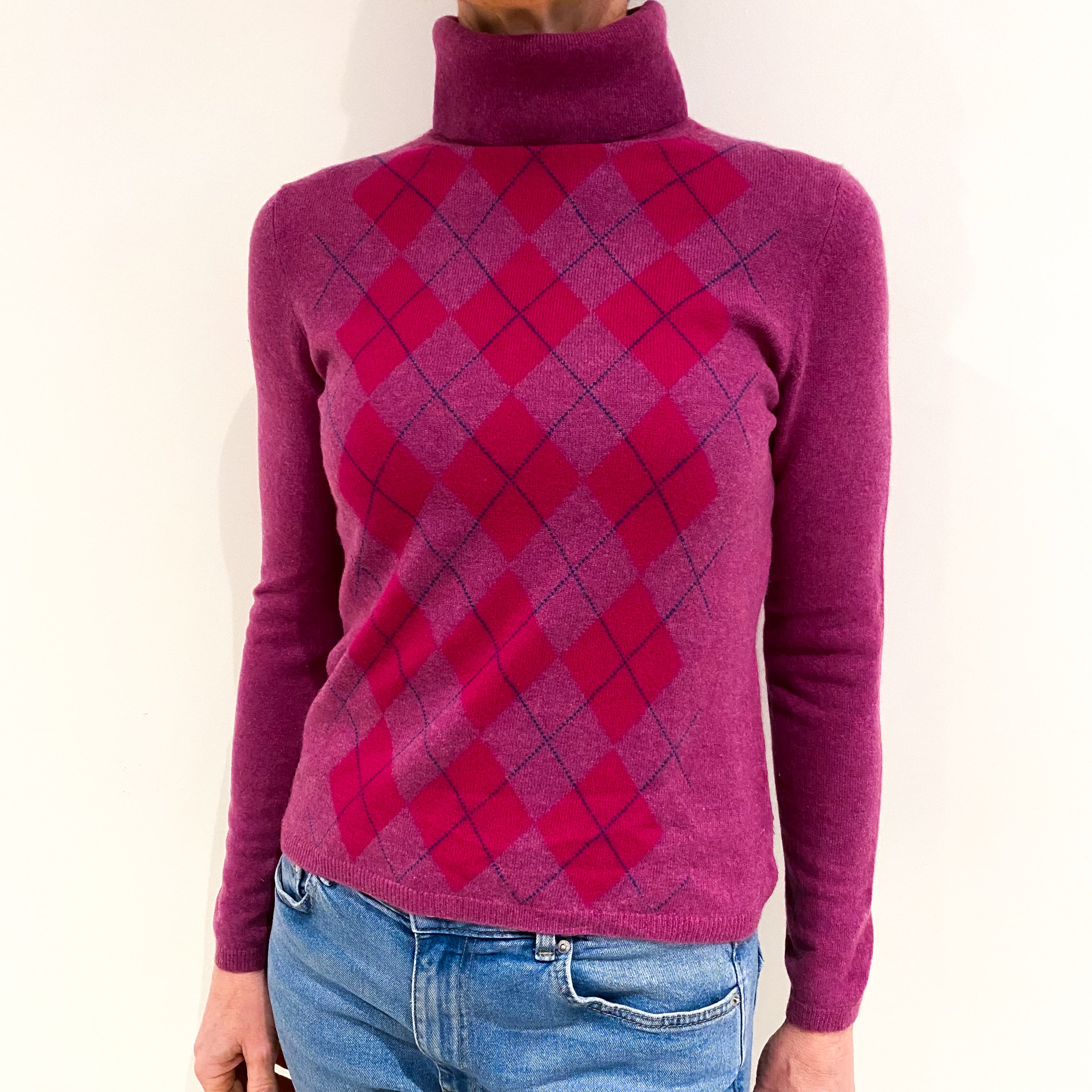 Magenta Purple Argyle Cashmere Polo Neck Jumper Small