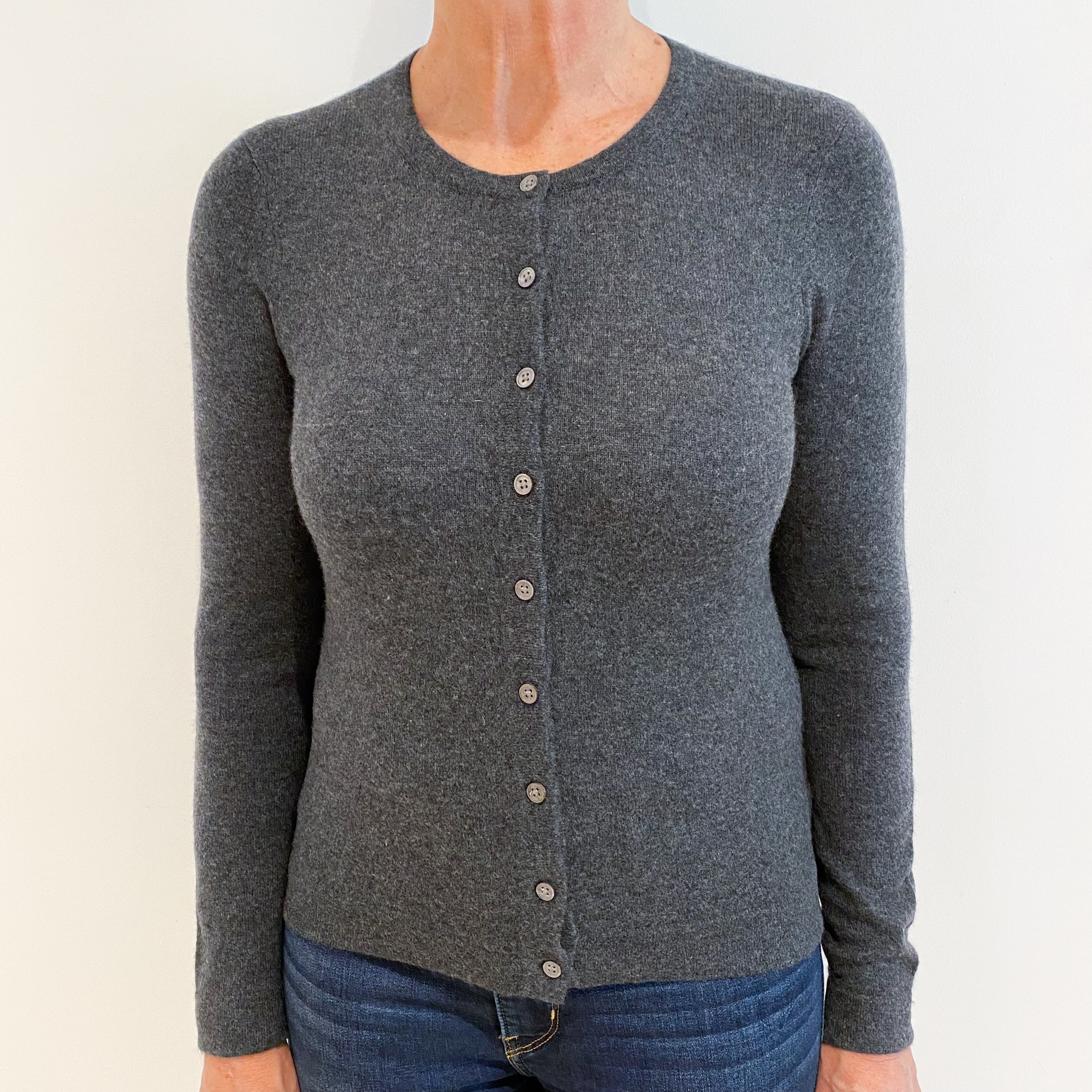 Dark Slate Grey Cashmere Crew Neck Cardigan Medium