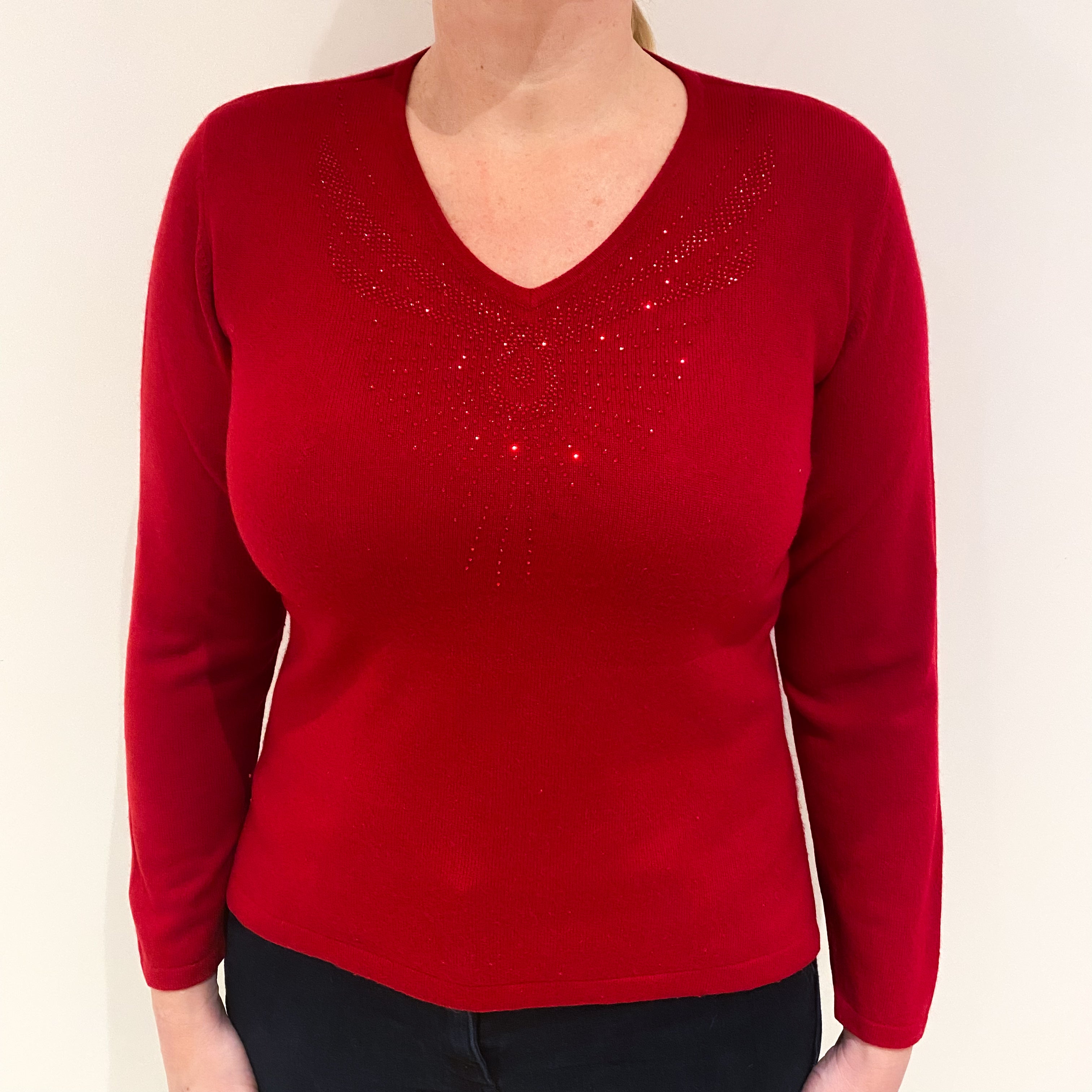 Scarlet Red Embellished Cashmere V Neck Large