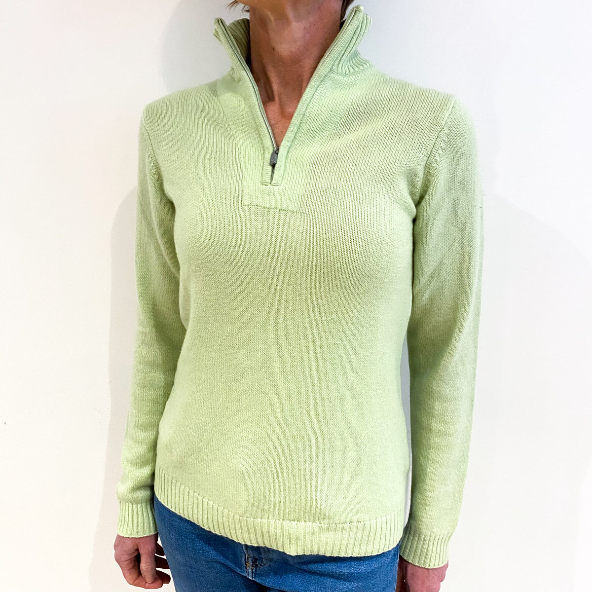 Soft Lime Green Cashmere 3/4 Zip Polo Neck Jumper Small