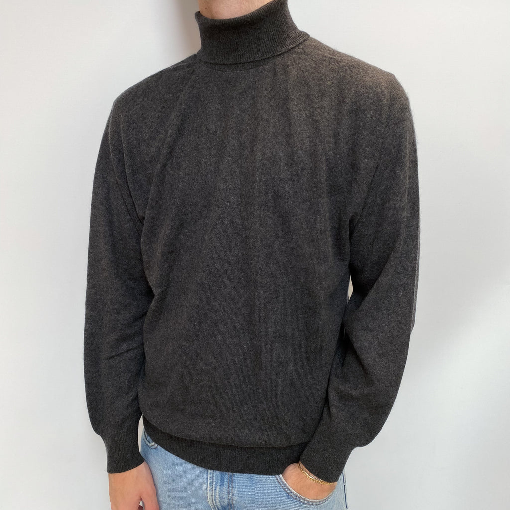 Men's Dark Grey Cashmere Polo Neck Jumper Large