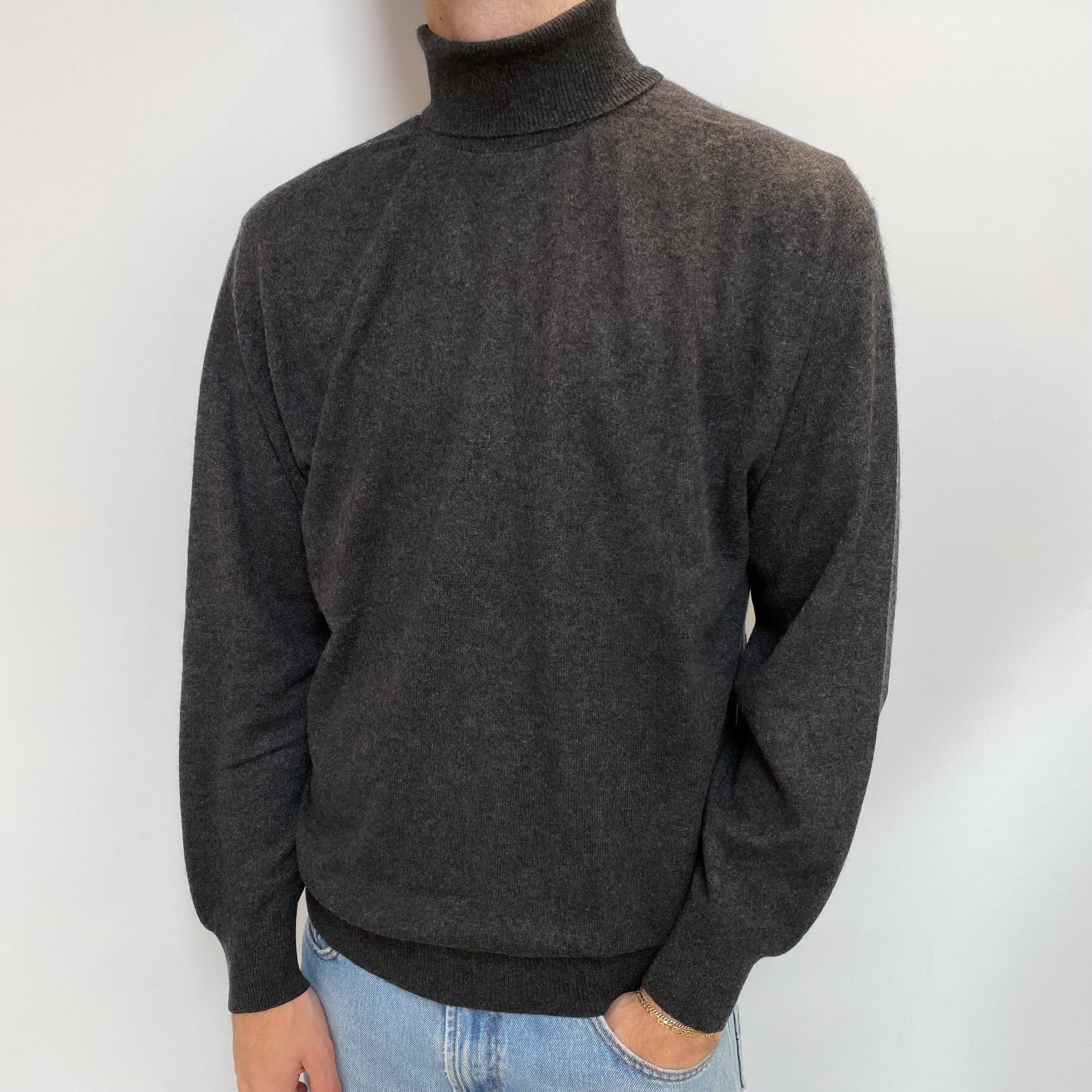 Men's Dark Grey Cashmere Polo Neck Jumper Large