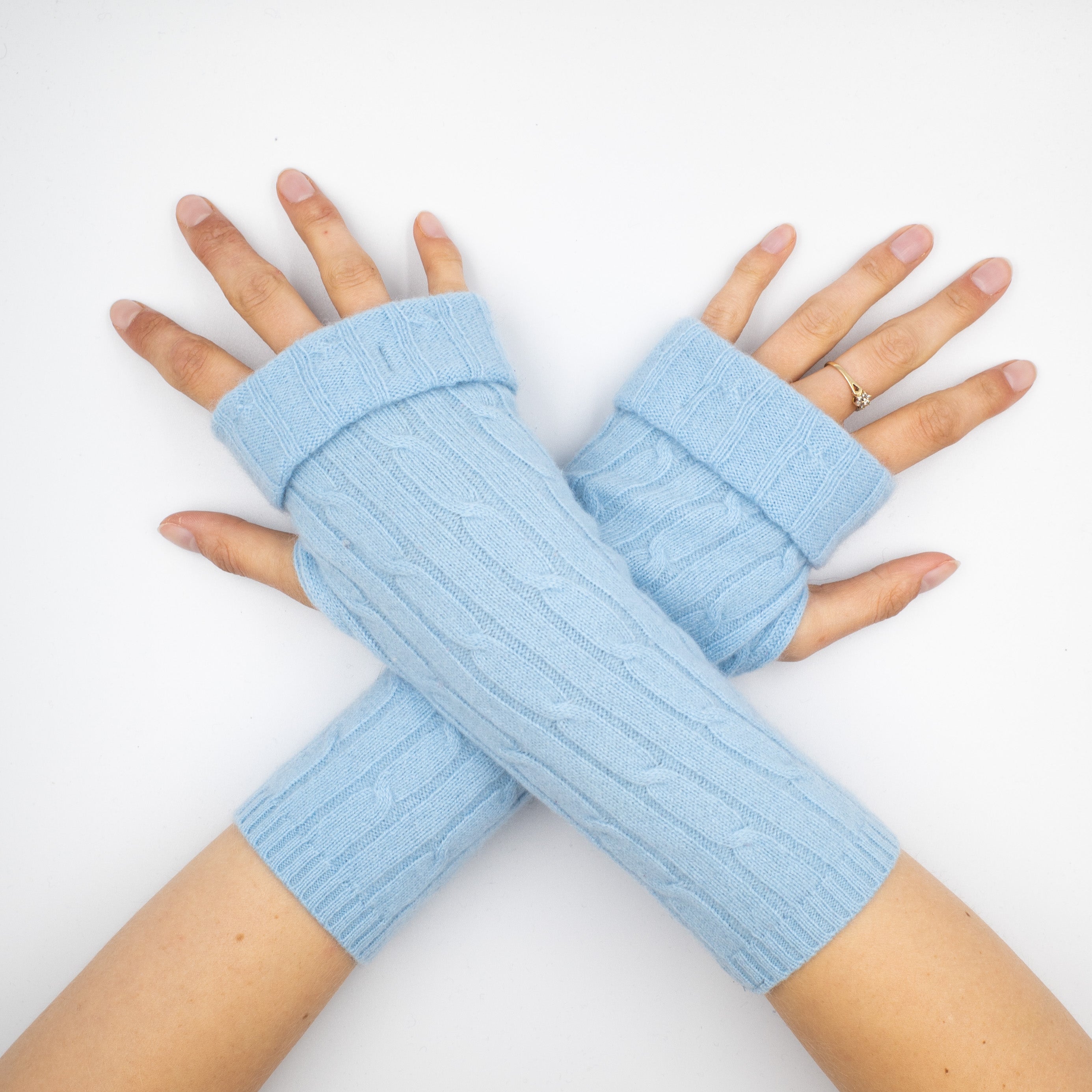 Pale Blue Cable Fingerless Gloves