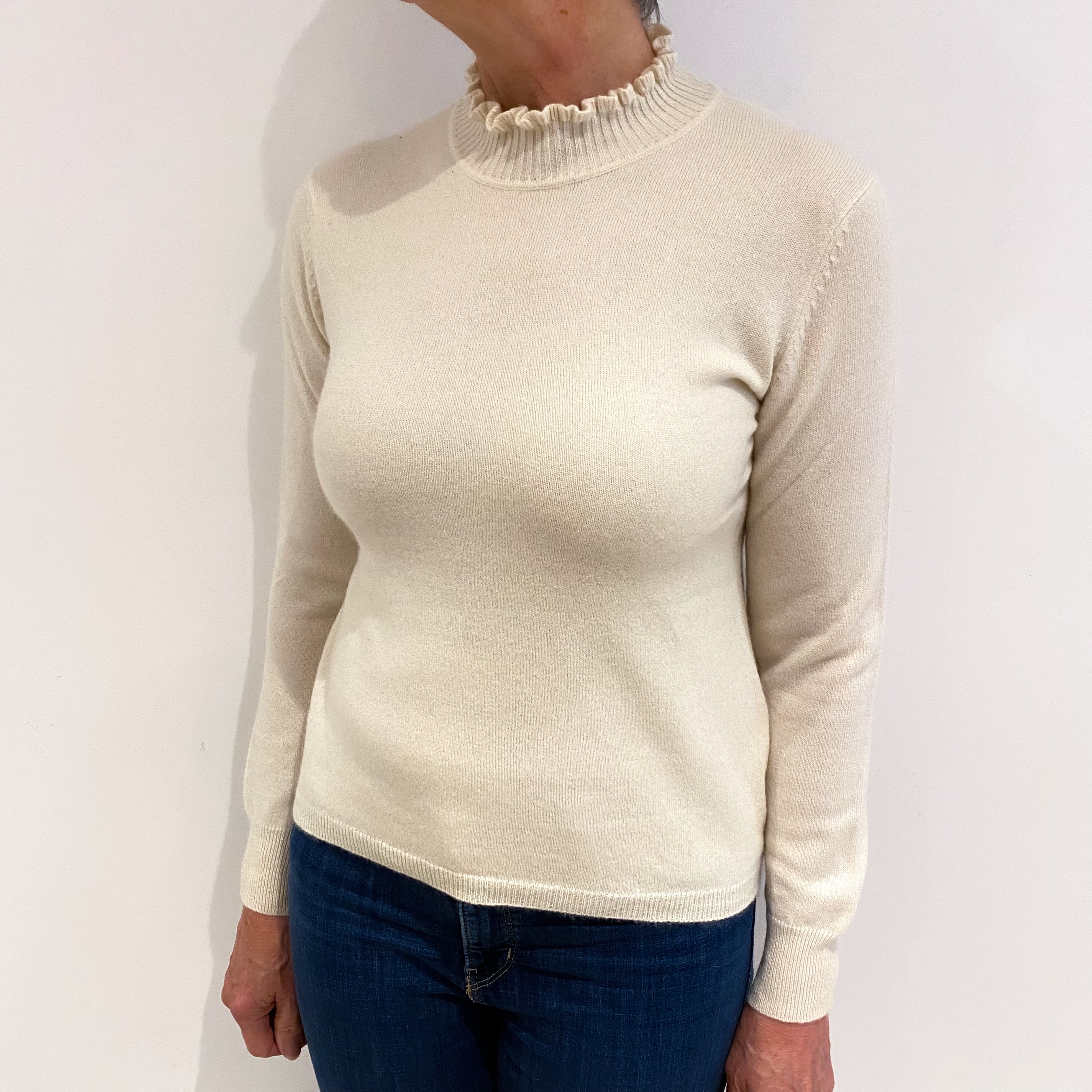 Vanilla Cream Cashmere Turtle Ruffle Neck Jumper Medium