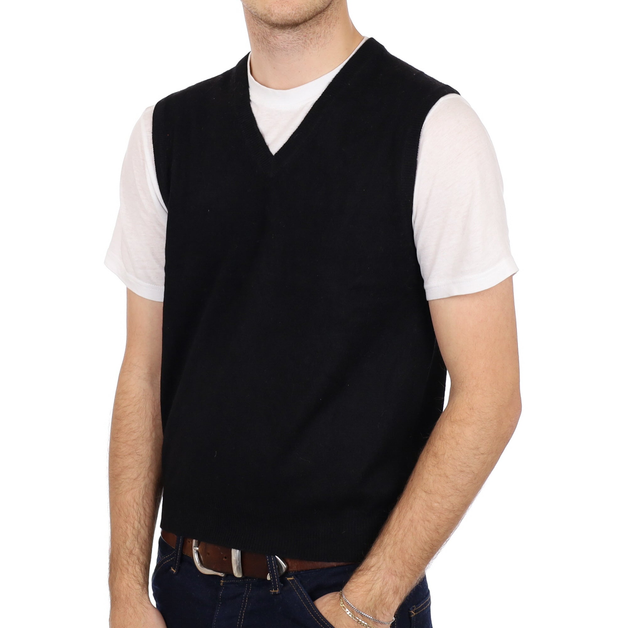 Men's Black Cashmere V Neck Sleeveless Jumper Medium