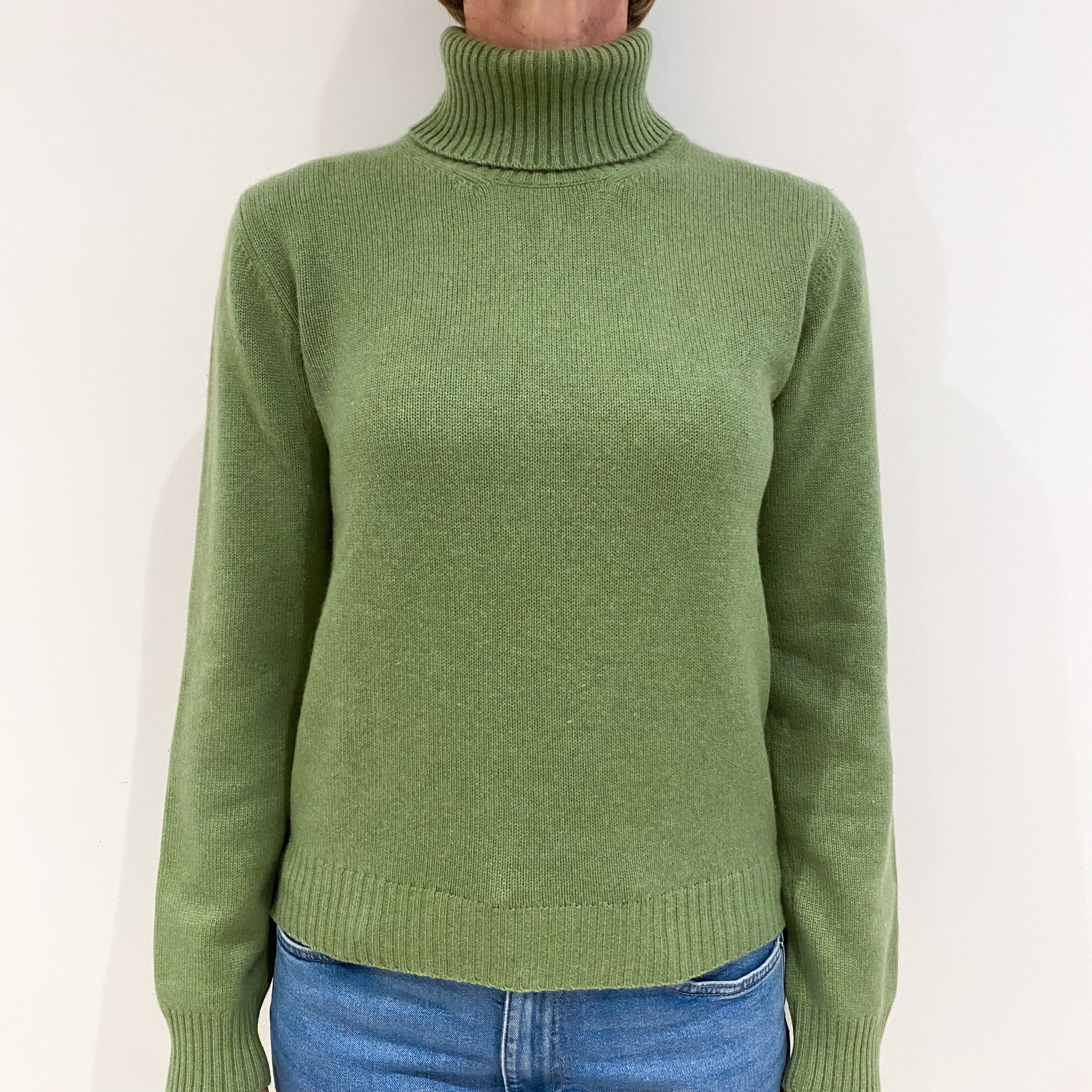 Pear Green Heavy Knit Cashmere Polo Neck Jumper Small