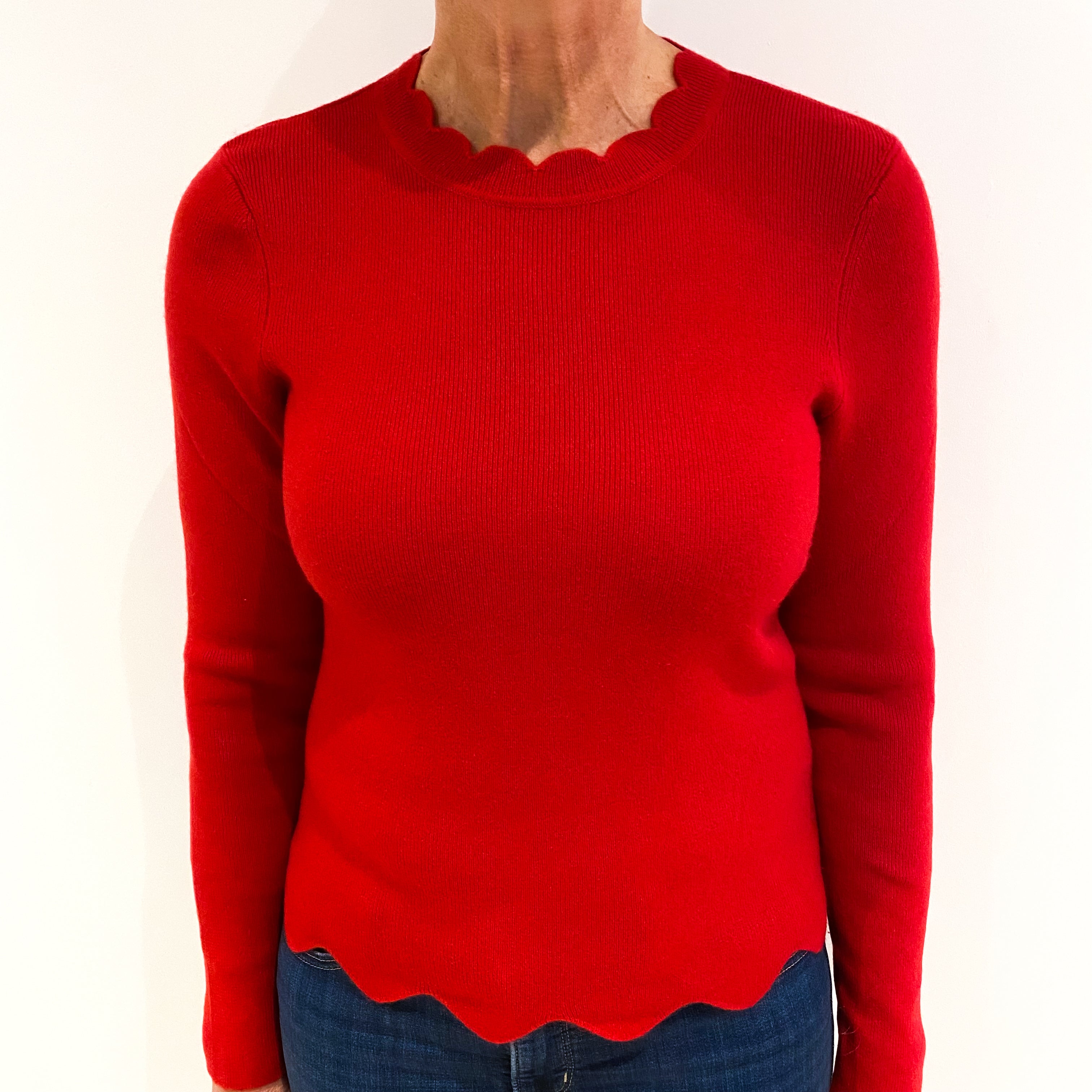 Scarlet Red Scallop Edge Cashmere Crew Neck Jumper Medium