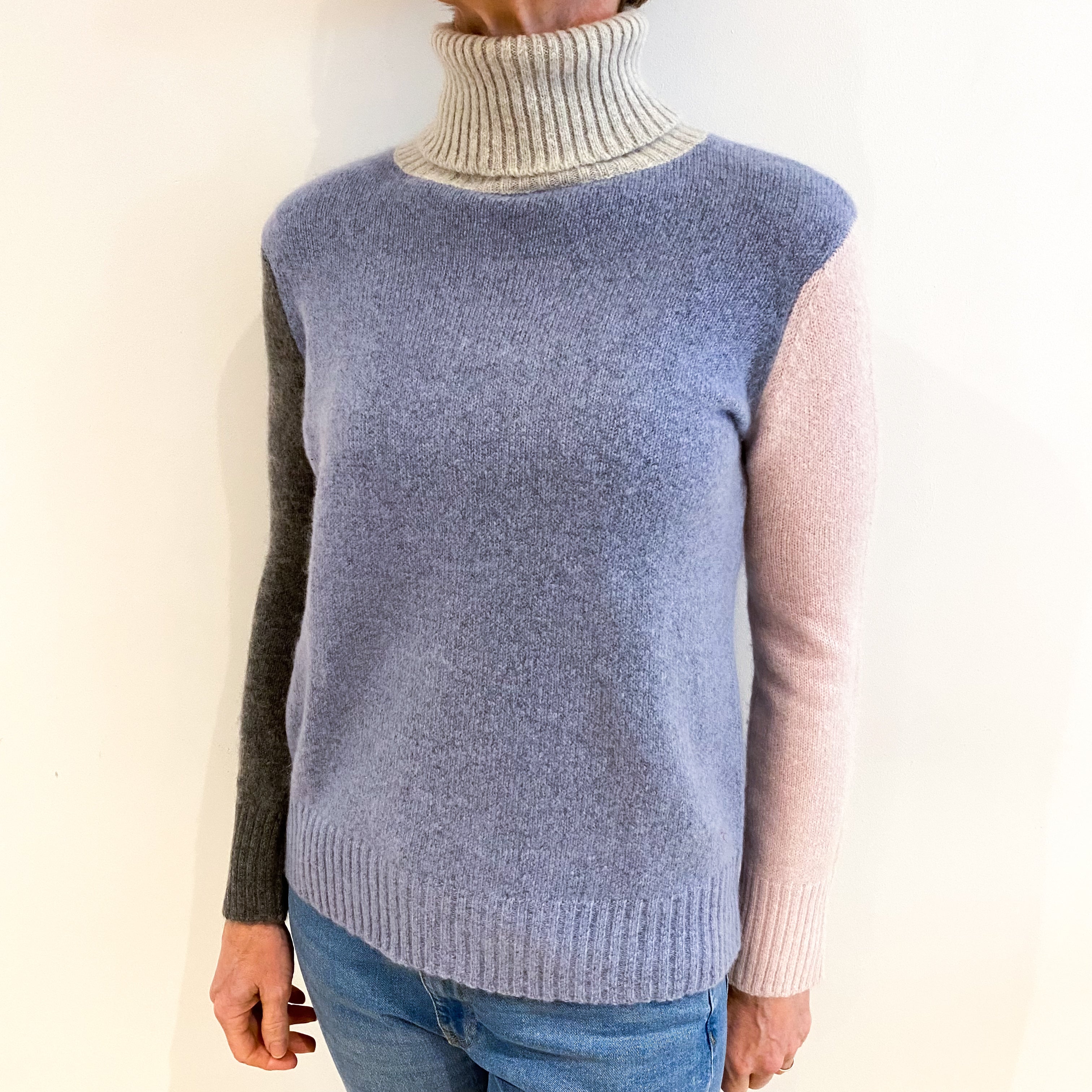 Sky Blue Colour Block Cashmere Polo Neck Jumper Small