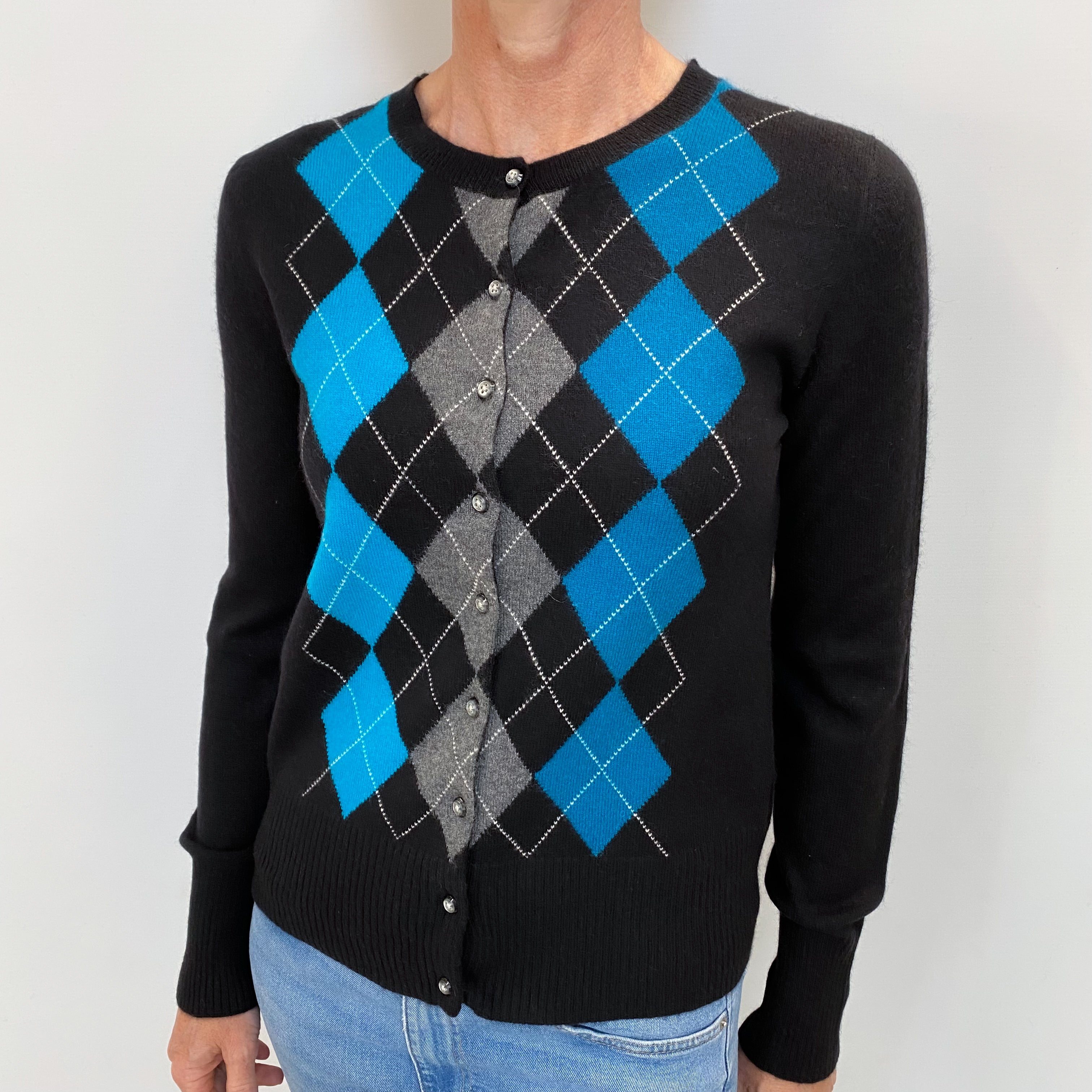 Black Turquoise Diamond Cashmere Crew Cardigan Small