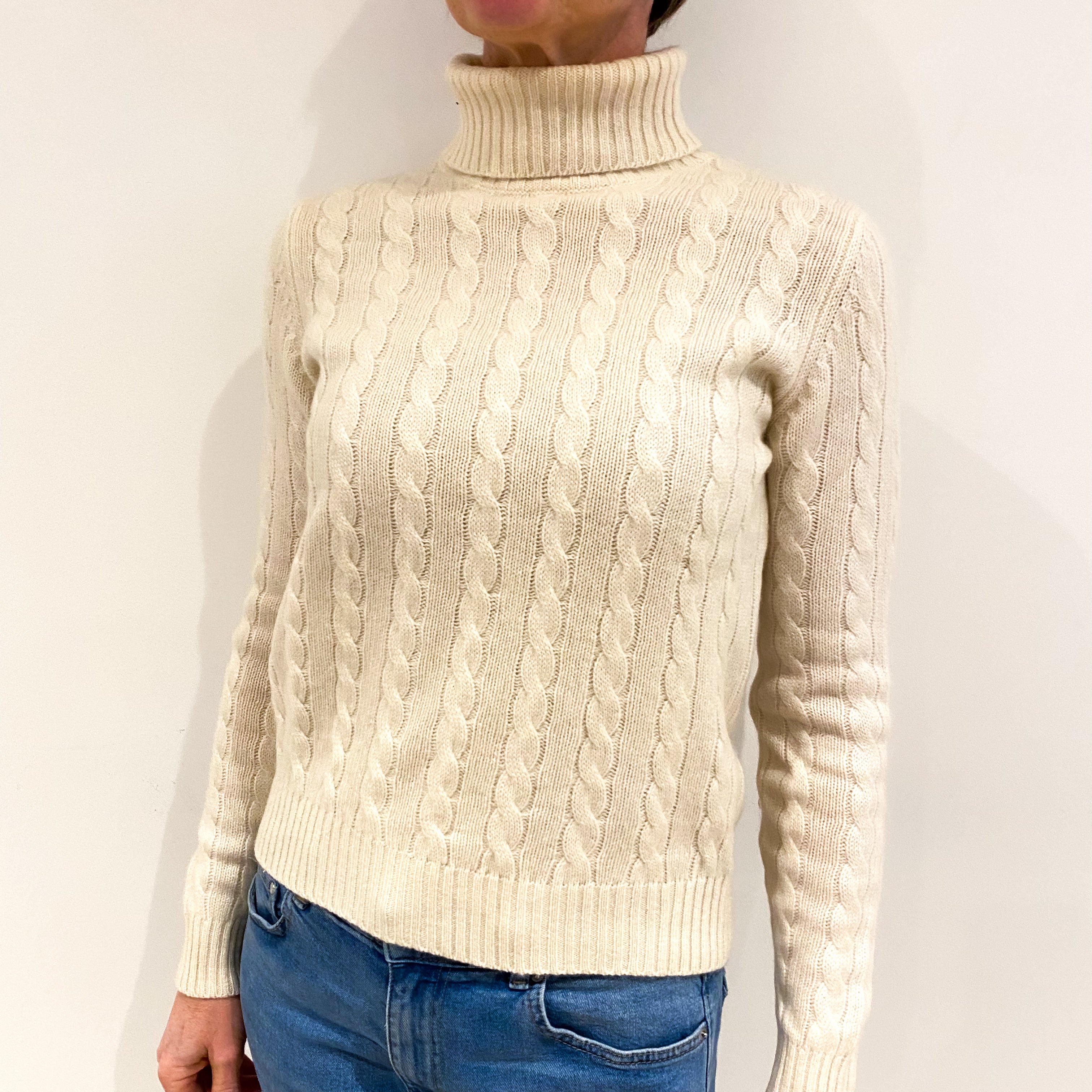 Vanilla Cream Cashmere Polo Neck Cable Knit Jumper Small