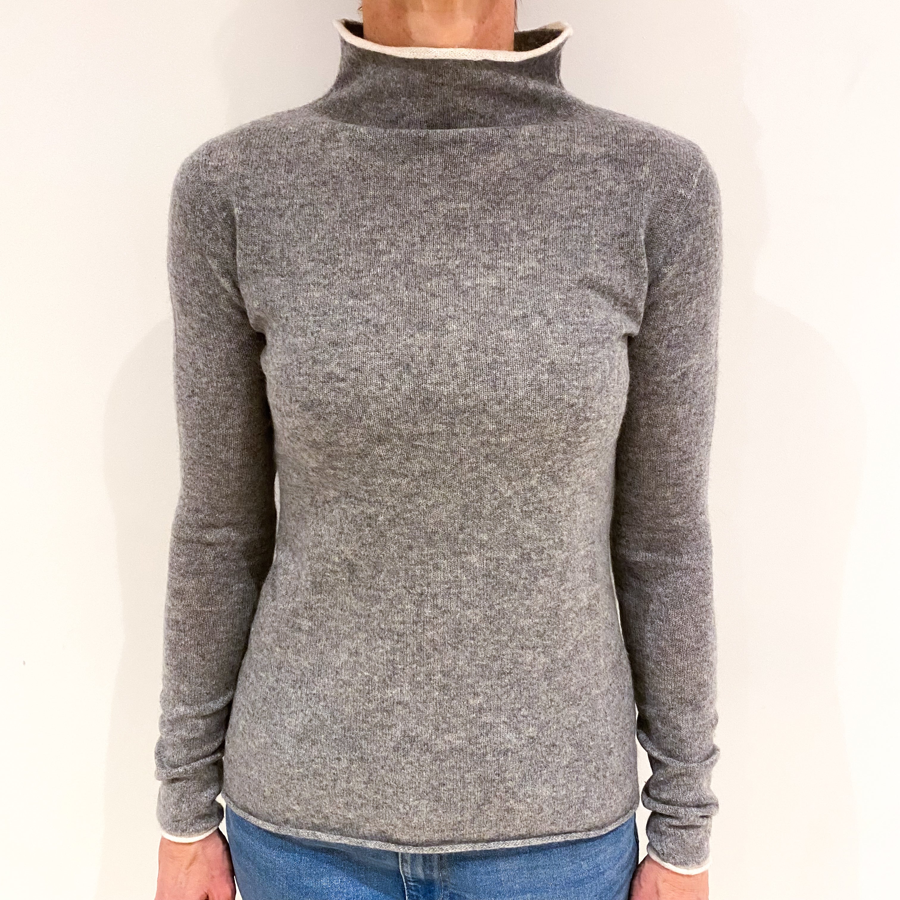 Ash Grey Cashmere Funnel Neck Jumper Small