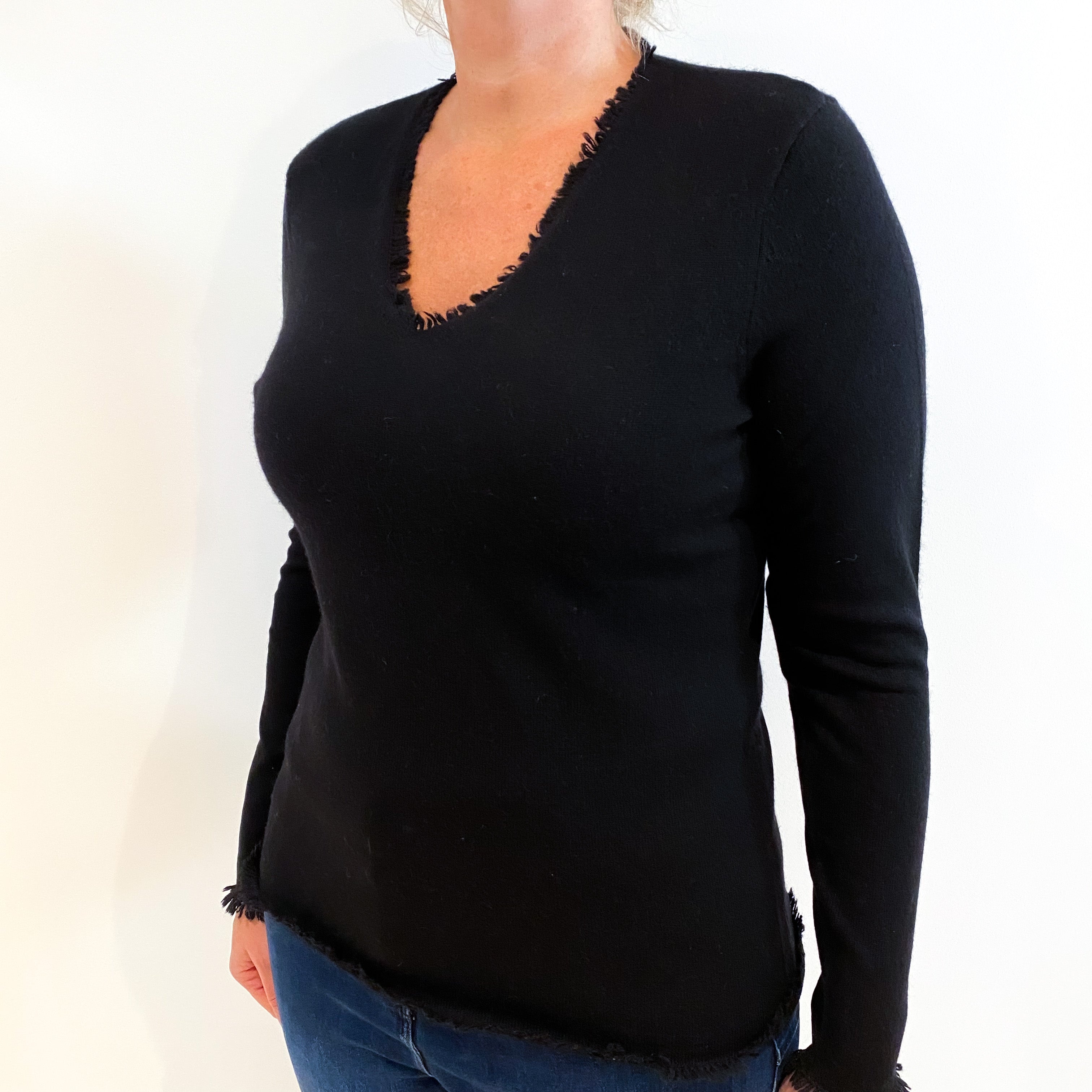 Black Cashmere V-Neck Jumper with Tassel Edging