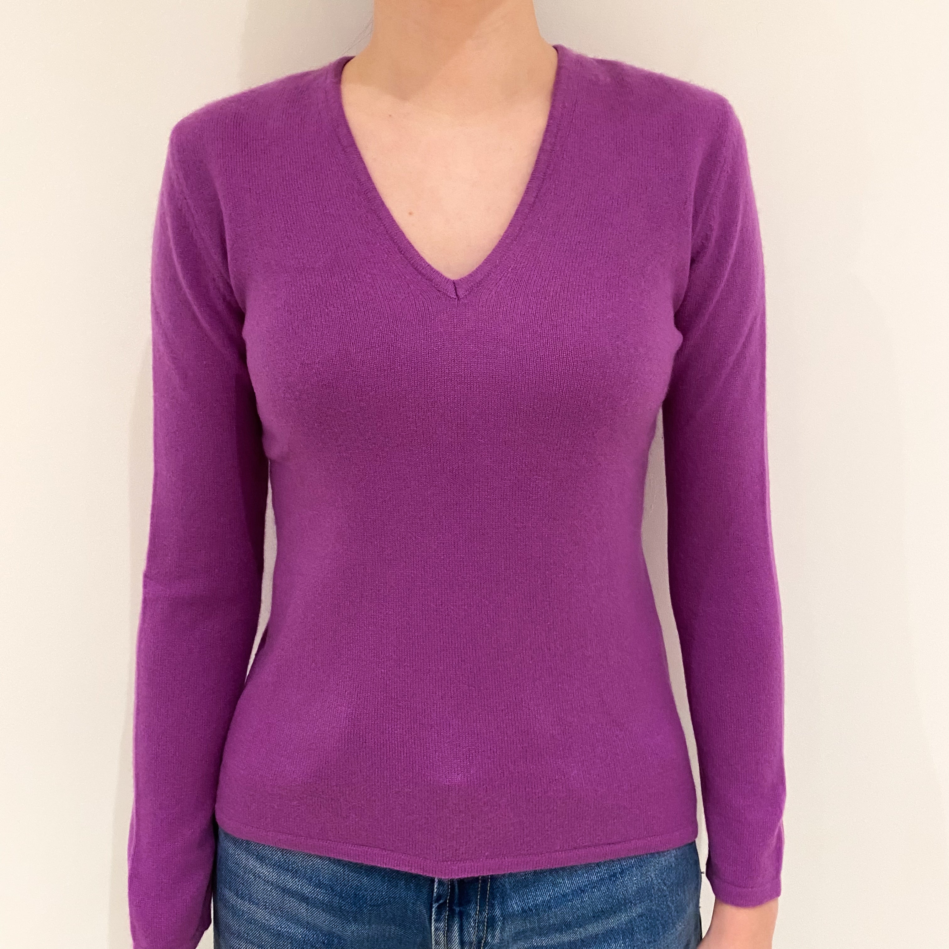 Magenta Purple Cashmere V Neck Jumper Extra Small